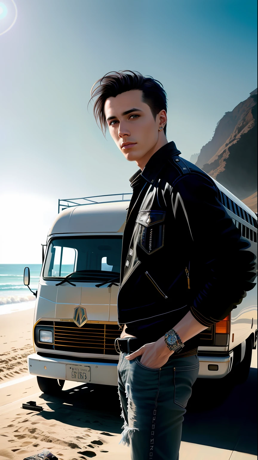 Photos of the most beautiful works of art in the world,Modern punk male,Leaning in a van on a California beach,On ArtStation、CGSociety、Intricate、High Detail、Sharp focus、dramatic、Photorealistic painting is popular in art,author:greg Rutkowski