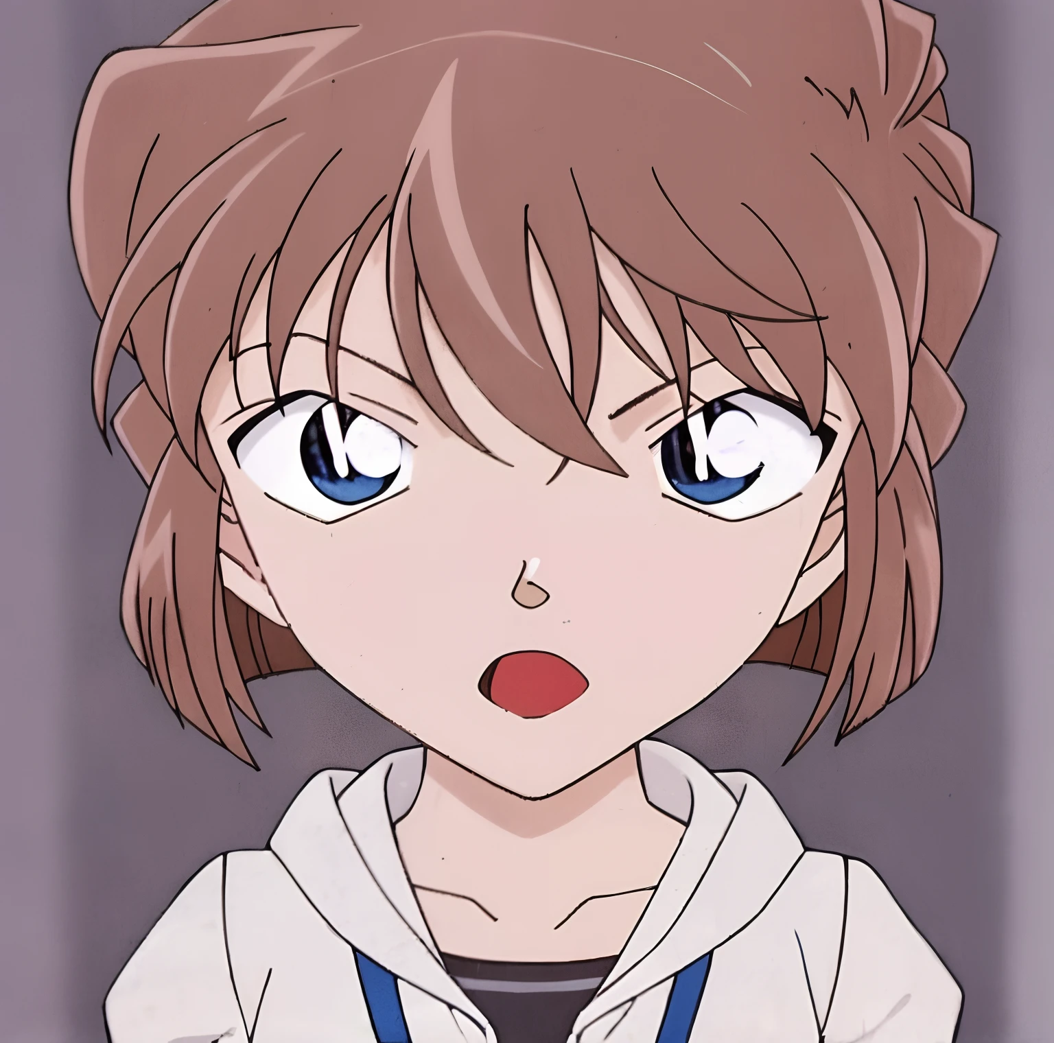 Anime girl with brown hair and blue eyes looks surprised, anime girl named lucy, rei hiroe, Shinkai sincerely, tsubasa nakai's style, close up of lain iwakura, lain iwakura, aya takano color style, chihiro! fujisaki, close up iwakura lain, iwakura lain, honest