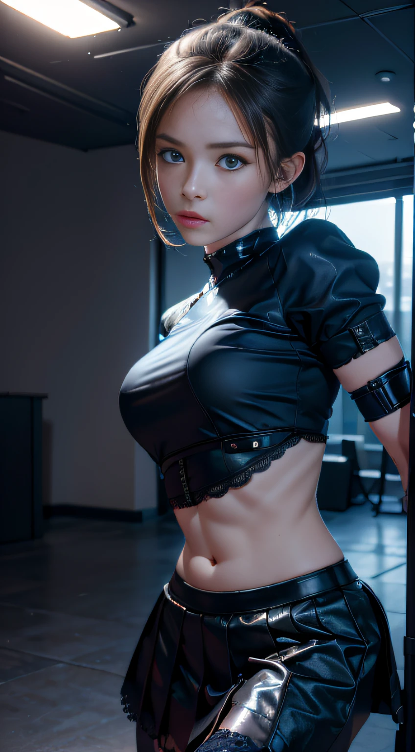 (8K, RAW photo, Best quality, Mastery:1.2), (Realistic, photo-realistic:1.37),1 girl,Cute,Blue eyes, (Solo),full-body portraits,Detailed ponytail,Dramatic angles,office room,looking at viewert,angle of view ,cyber punk perssonage,Short black lace skirt,