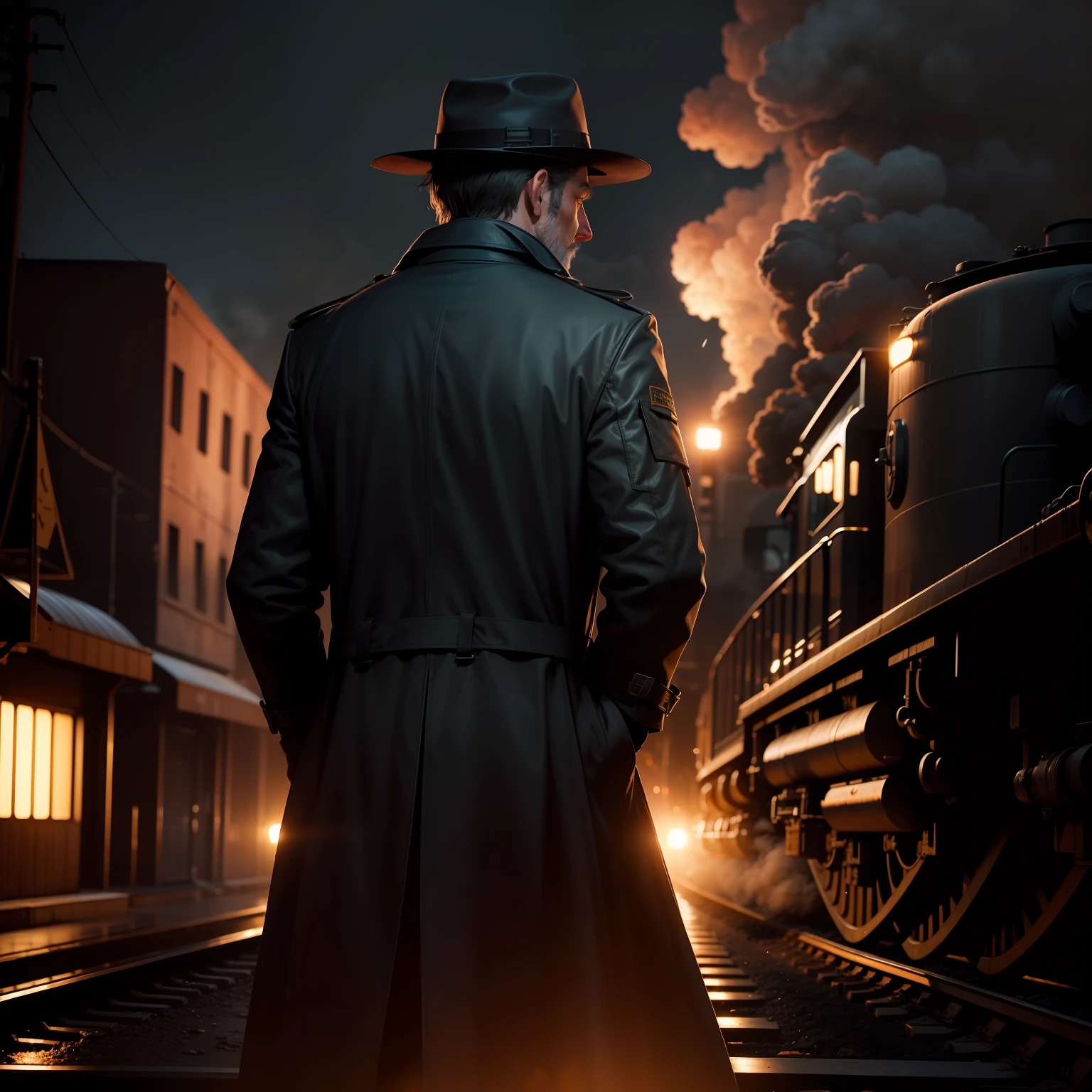 At night, a man in a trench coat and hat faces a railroad tanker with his back to the camera,RAW photos,8K,A high resolution,Highest texture, --v6
