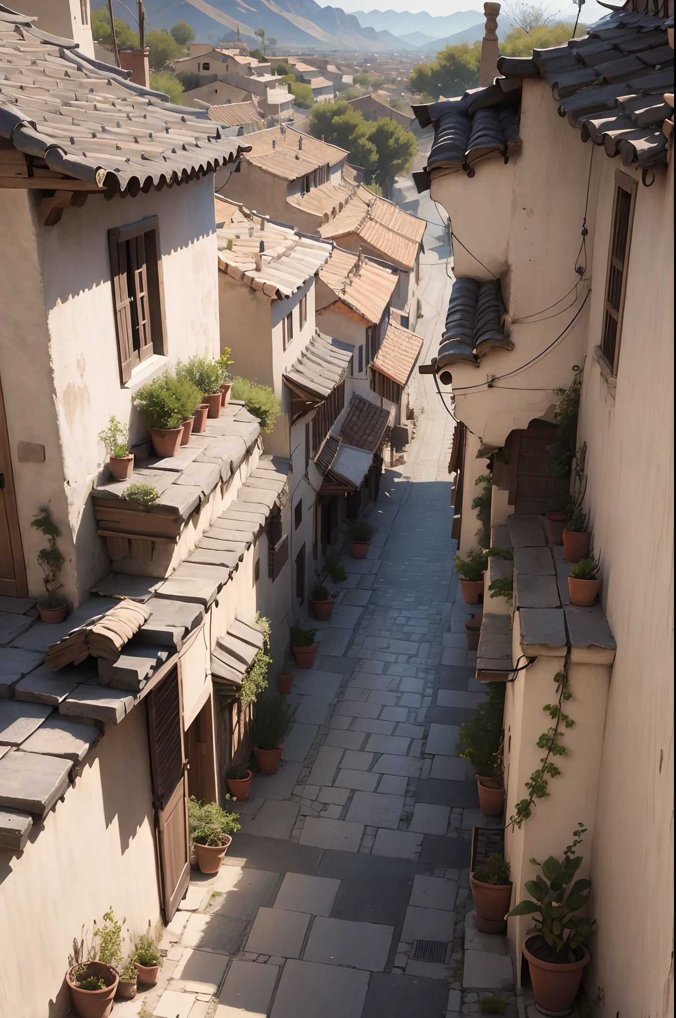 Bird's eye view of a narrow street,, Medieval architecture, Stone and wooden buildings、No humans、unmanned、leisure、Silence、Vanishing point on the right、wide-angle lens、look down from above、Spanish villages、Italian villages、Poly pubic hair々Less、Some houses,Sparse houses、Lonely village、Road made of dirt、Dry、Desert-like land、Fewer plants、No water