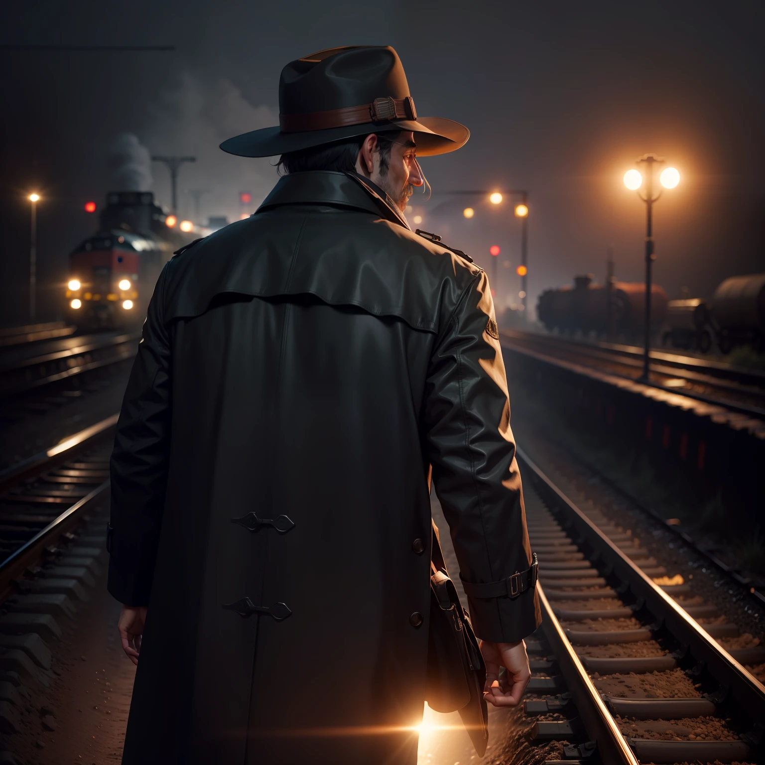 At night, a man in a trench coat and hat faces a railroad tanker with his back to the camera，RAW photos，8K，A high resolution，Highest texture， --v6