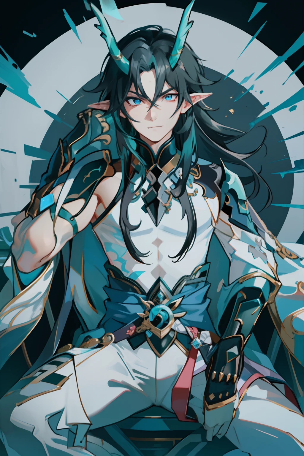 (absurderes,A high resolution,Hyper-detailing,hdr),Dragon's horn,younge boy,tmasterpiece,best qualtiy,1人,独奏,Handsome,Golden eyes,Fine eyes and detailed face,toppless,Tattooed with,arma,seated on a throne,pervert smirk,Abs,chest muscle,Raised sexy,Ruffian,Show your temperament,Male,masculine appeal,Male characteristics are distinct,Long messy hair,Arrogant self-confidence,Sitting majestically on the throne,Legs crossed,white pantie,White cape,White cloak,