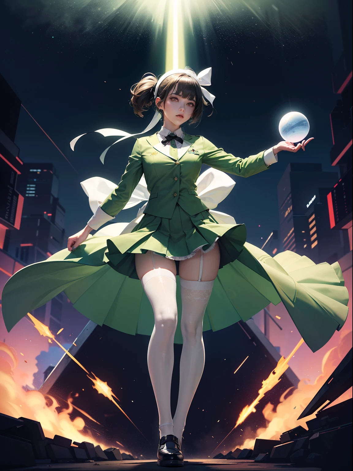 (full body:1.5)，(1girl:1.3),(looking at viewer:1.4)，(anatomy correct:1.3),(Wearing Green Giant style nurse suit JK uniform printed Ultra short pleated skirt and JK uniform leather shoes with bow decoration ，and Very thick Printed Lolita Pantyhose :1.35), (Light particle effect:1.3),(In pink | amarelo | blue colors| green color |red colors | white colors| black in color| purpleish color| greys| Beige| Flesh color 1.4)，(Glowing eyes:1.3),(Large amplitude action: 1.3)，(Accurate and perfect face:1.4),(Clothing Gloss:1.25),(Skin reflection:1.25),hyper HD, Ray traching, reflective light，structurally correct, Award-Awarded, high detal, lightand shade contrast, Face lighting，cinmatic lighting, tmasterpiece, super detailing, high high quality, high detal, best qualityer, 16k，high contrast,