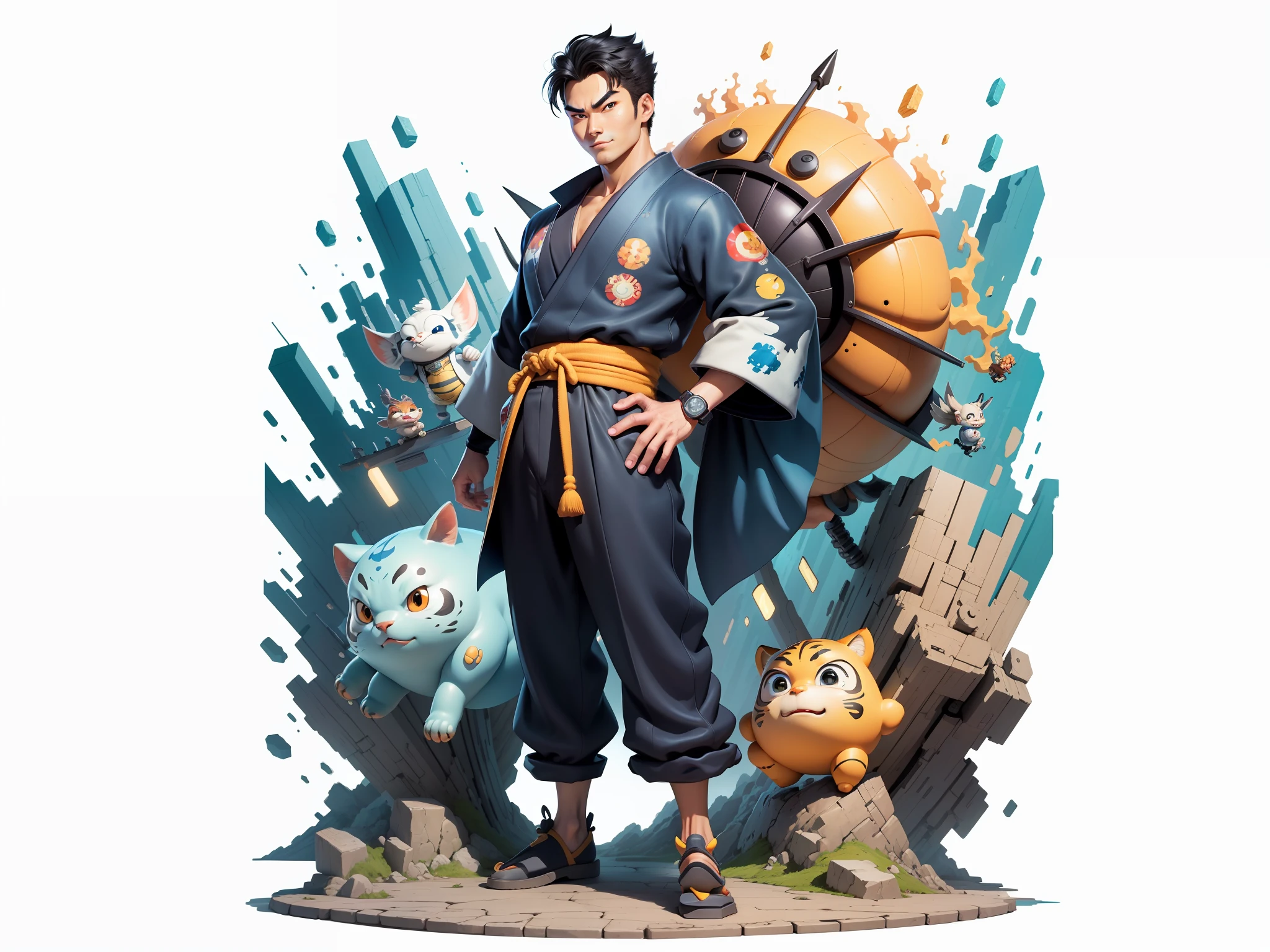 (Masterpiece), (Excellent), (Super Meticulous), (Full Body: 1.2), Super Young Man, Oriental Face, Japanese Kimono, Japanese Wind Thunder God, Dragon, Tiger, TV Anchor, Bust Portrait Illustration, Alone, Black Suit, Blue Tie, Slightly Chubby Face, Very Clean Face, No Beard, Black Super Short Hair, Black Eyes, Confident Smile, 3c Computer Sub-Products, iPad, iPhone, Digital Painting, 3D Character Design by Akira Toriyama and Mark Claireden and Pixar and Hayao Miyazaki, The illustration is a high-definition illustration in 4K resolution with very detailed facial features and cartoon-style visuals.