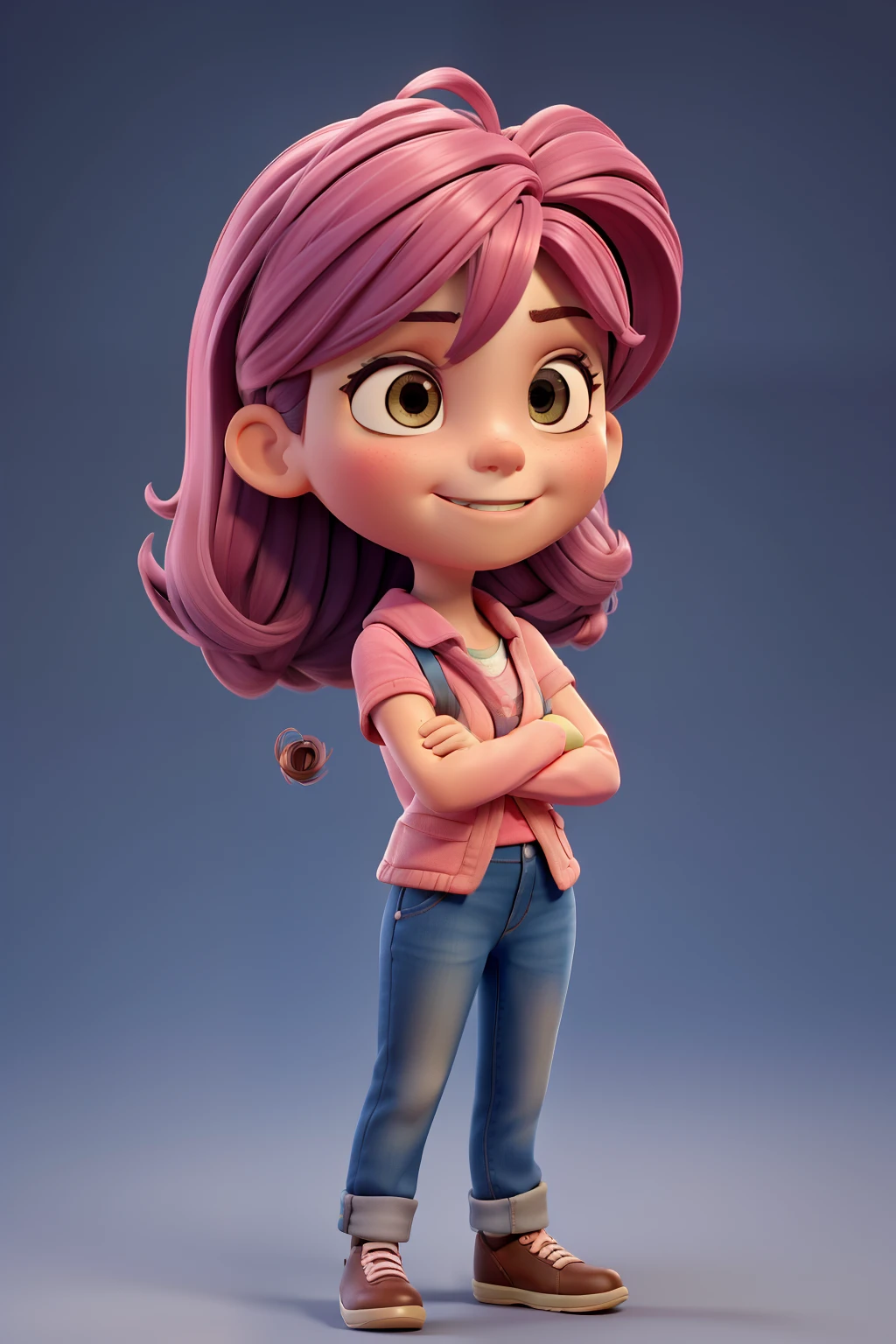 Menina exploradora,, alegre, cabelos amarrados, assustada, cabelos rosa,folded arms, brava