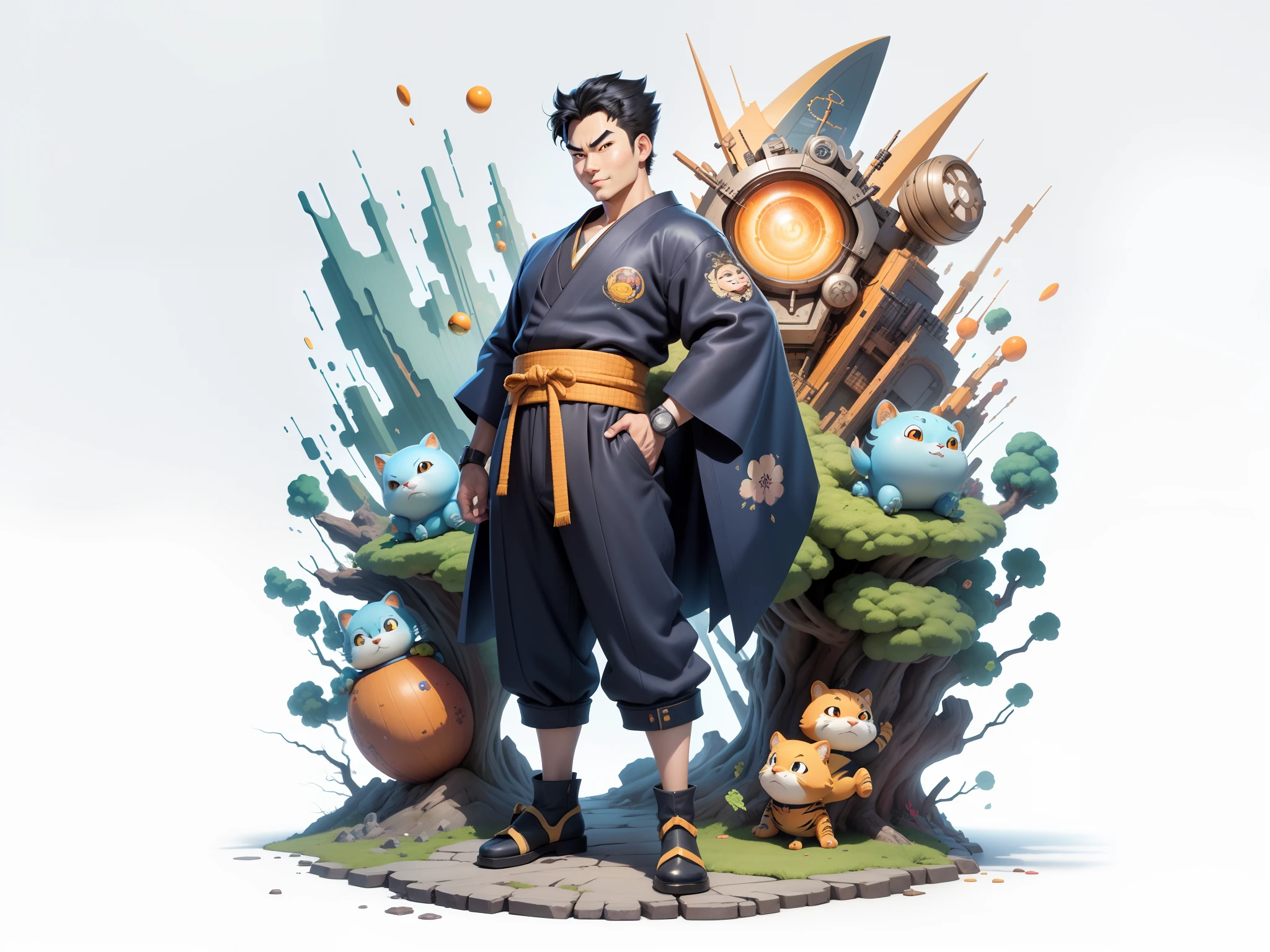(Masterpiece), (Excellent), (Super Meticulous), (Full Body: 1.2), Super Young Man, Oriental Face, Japanese Kimono, Japanese Wind Thunder God, Dragon, Tiger, TV Anchor, Bust Portrait Illustration, Alone, Black Suit, Blue Tie, Slightly Chubby Face, Very Clean Face, No Beard, Black Super Short Hair, Black Eyes, Confident Smile, 3c Computer Sub-Products, iPad, iPhone, Digital Painting, 3D Character Design by Akira Toriyama and Mark Claireden and Pixar and Hayao Miyazaki, The illustration is a high-definition illustration in 4K resolution with very detailed facial features and cartoon-style visuals.