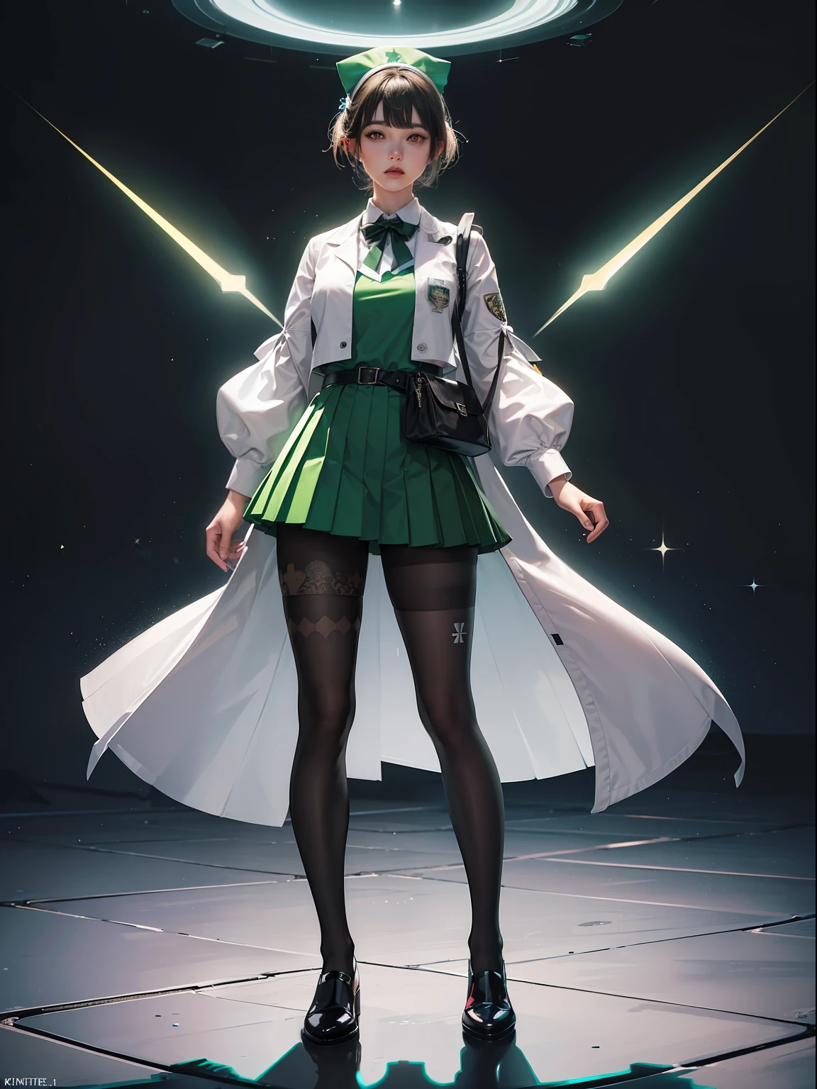 (full body:1.5),(1girl:1.3),(looking at viewer:1.4),(anatomy correct:1.3),(Wearing Green Giant style nurse suit JK uniform printed Ultra short pleated skirt and JK uniform leather shoes with bow decoration ,and Very thick Printed ta Pantyhose :1.35), (Light particle effect:1.3),(In pink | amarelo | blue colors| green color |red colors | white colors| black in color| purpleish color| greys| Beige| Flesh color 1.4),(Glowing eyes:1.3),(Large amplitude action: 1.3),(Accurate and perfect face:1.4),(Clothing Gloss:1.25),(Skin reflection:1.25),hyper HD, Ray traching, reflective light,structurally correct, Award-Awarded, high detal, lightand shade contrast, Face lighting,cinmatic lighting, tmasterpiece, super detailing, high high quality, high detal, best qualityer, 16k,high contrast,