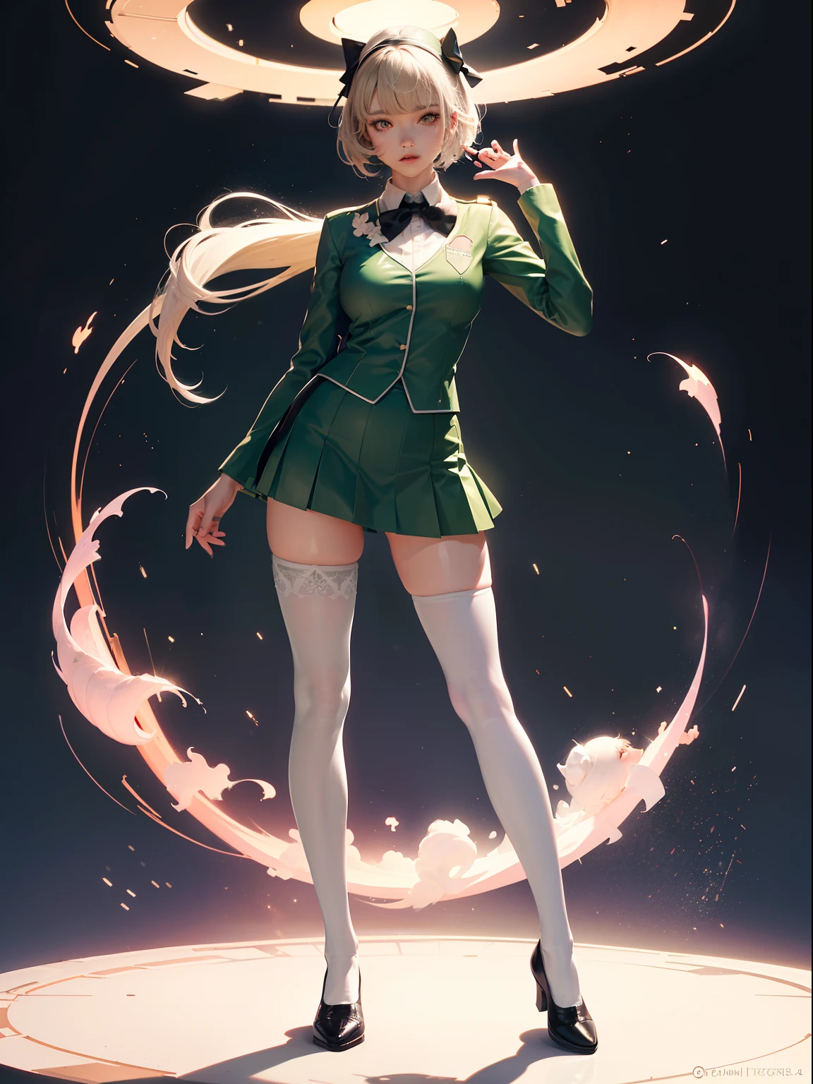 (full body:1.5)，(1girl:1.3),(looking at viewer:1.4)，(anatomy correct:1.3),(Wearing Green Giant style nurse suit JK uniform printed Ultra short pleated skirt and JK uniform leather shoes with bow decoration ，and Very thick Printed Lolita Pantyhose :1.35), (Light particle effect:1.3),(In pink | amarelo | blue colors| green color |red colors | white colors| black in color| purpleish color| greys| Beige| Flesh color 1.4)，(Glowing eyes:1.3),(Large amplitude action: 1.3)，(Accurate and perfect face:1.4),(Clothing Gloss:1.25),(Skin reflection:1.25),hyper HD, Ray traching, reflective light，structurally correct, Award-Awarded, high detal, lightand shade contrast, Face lighting，cinmatic lighting, tmasterpiece, super detailing, high high quality, high detal, best qualityer, 16k，high contrast,