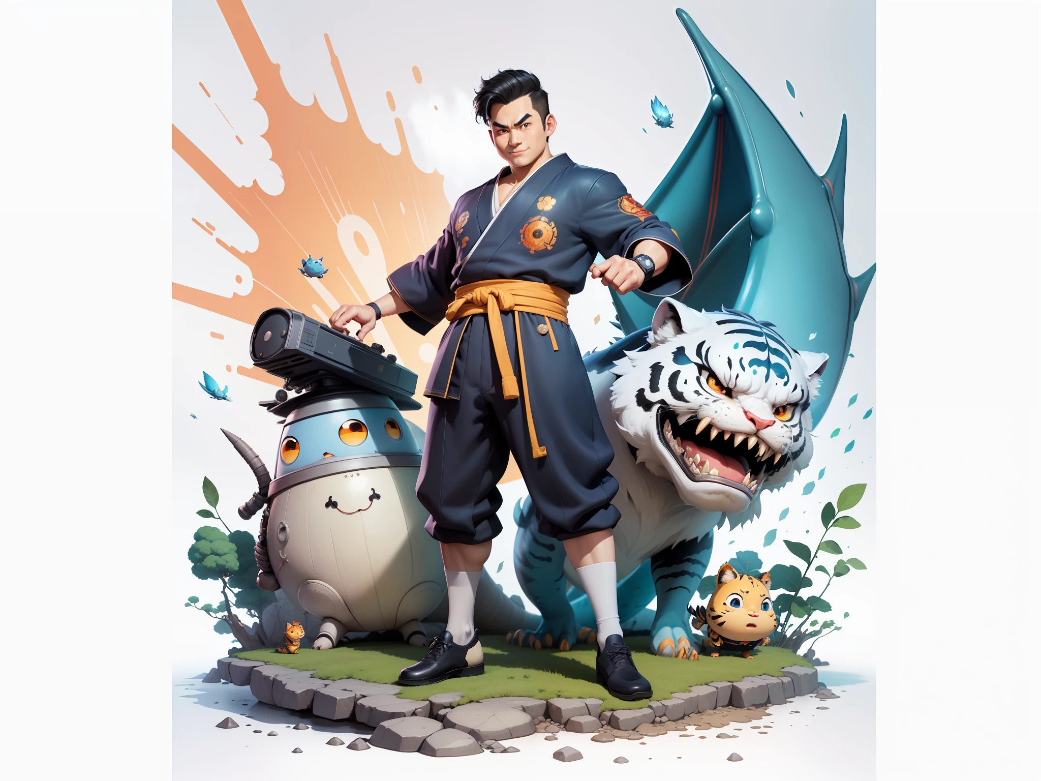 (Masterpiece), (Excellent), (Super Meticulous), (Full Body: 1.2), Super Young Man, Oriental Face, Japanese Kimono, Japanese Wind Thunder God, Dragon, Tiger, TV Anchor, Bust Portrait Illustration, Alone, Black Suit, Blue Tie, Slightly Chubby Face, Very Clean Face, No Beard, Black Super Short Hair, Black Eyes, Confident Smile, 3c Computer Sub-Products, iPad, iPhone, Digital Painting, 3D Character Design by Akira Toriyama and Mark Claireden and Pixar and Hayao Miyazaki, The illustration is a high-definition illustration in 4K resolution with very detailed facial features and cartoon-style visuals.