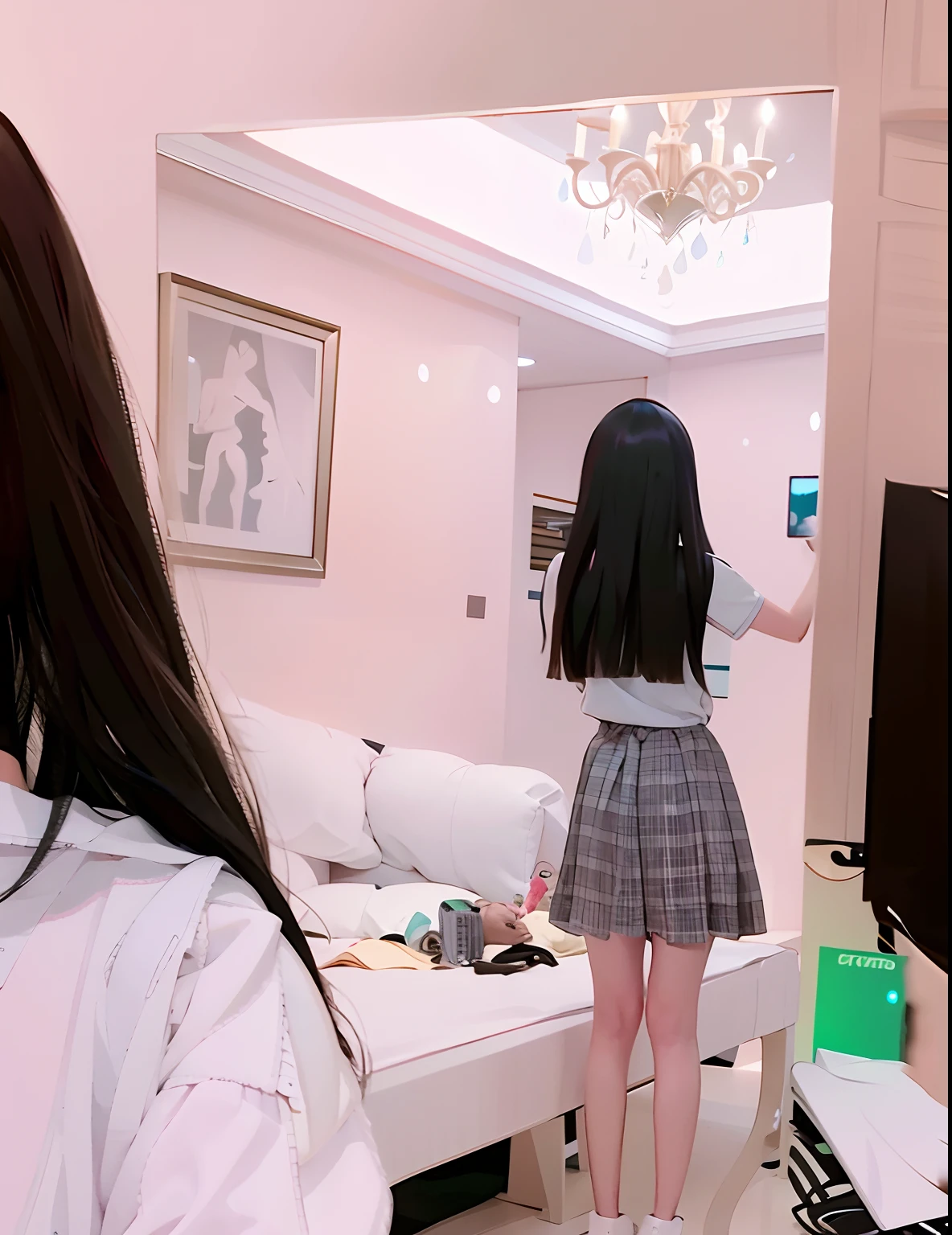 there is a woman that is standing in front of a mirror, With long hair, girl with super long hair, long hair girl, Extremely long hair, Her hair is long and straight, waist long hair, 8k selfie photograph, the woman has long dark hair, with long dark hair, verylonghair, Very long hair, long whitr hair，Thick bangs，on  back，Mobile selfie