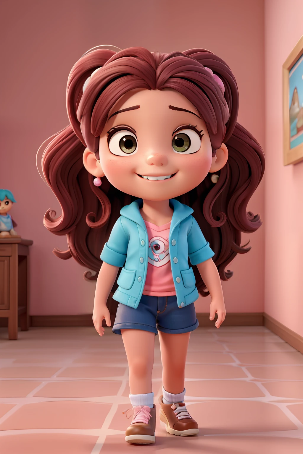 Menina exploradora,, alegre, cabelos amarrados, assustada, cabelos rosa, correndo, fugindo, com medo