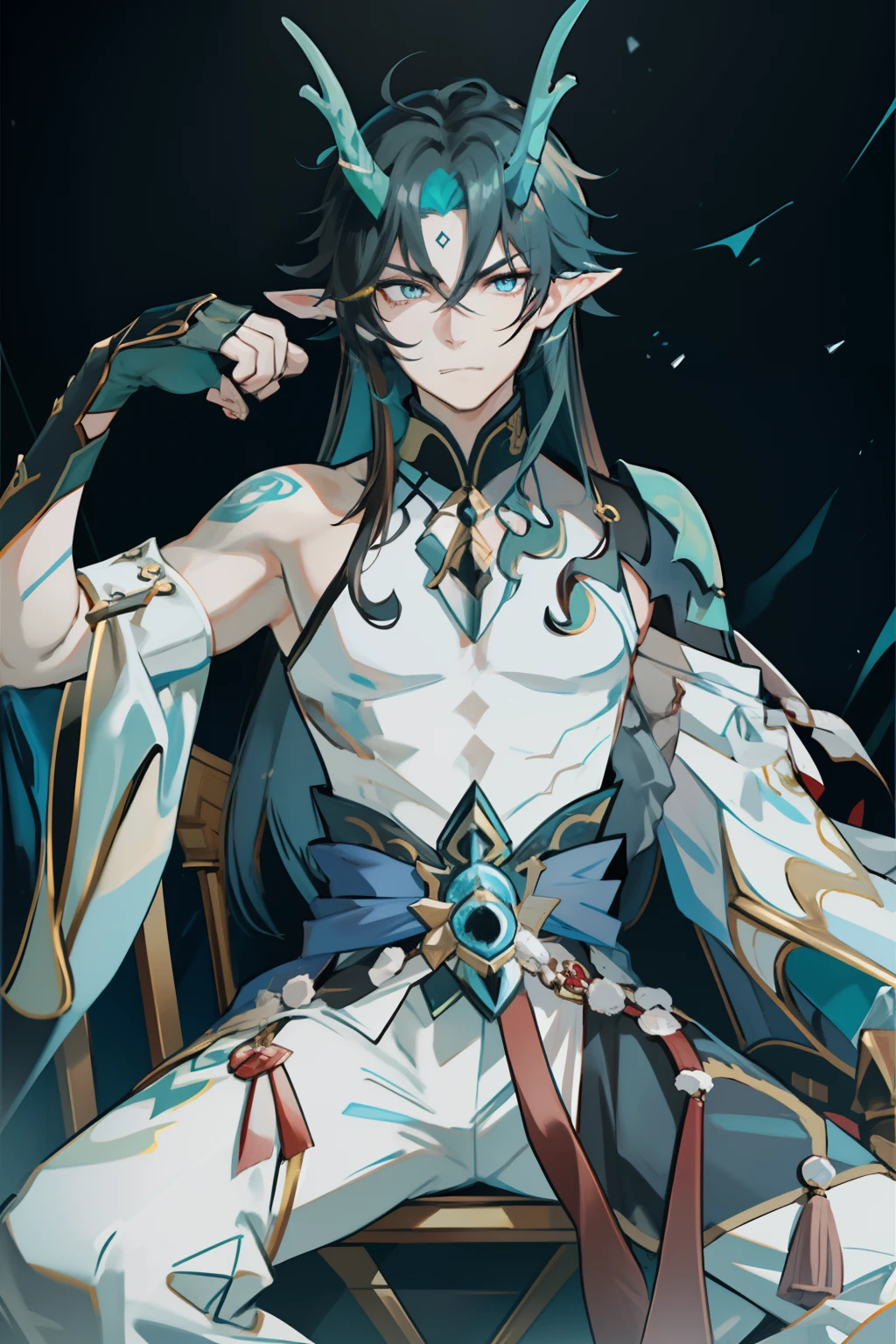 (absurderes,A high resolution,Hyper-detailing,hdr),Dragon's horn,younge boy,tmasterpiece,best qualtiy,1人,独奏,Handsome,Golden eyes,Fine eyes and detailed face,toppless,Tattooed with,arma,seated on a throne,pervert smirk,Abs,chest muscle,Raised sexy,Ruffian,Show your temperament,Male,masculine appeal,Male characteristics are distinct,Long messy hair,Arrogant self-confidence,Sitting majestically on the throne,Legs crossed,white pantie,White cape,White cloak,