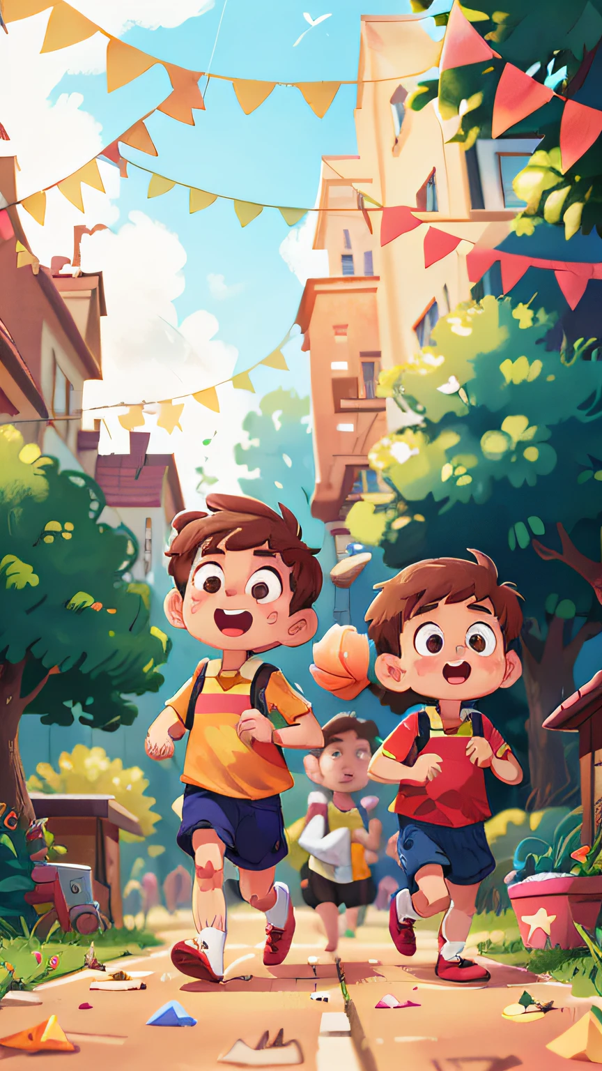 Two running boys,School playground,holding balloons,Bunting flutters,cheerfulness,rejoice,Perfect quality,Clear focus(Clutter - home:0.8), (tmasterpiece:1.2) (realisticlying:1.2) (bokeh) (best qualtiy) (detailedskin:1.3) (complexdetails) (8K) (detailedeyes) (Sharp focus),(having fun)