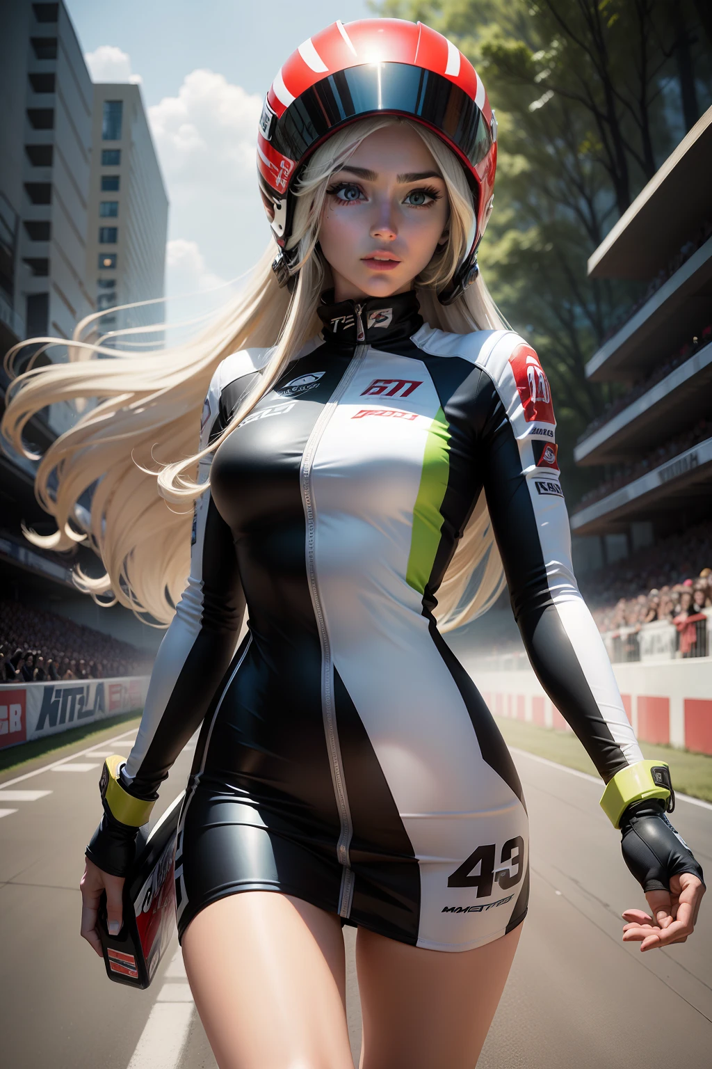 tmasterpiece,Best graphics,Racing beauty,long whitr hair,Hand-held racing helmet,movie picture quality