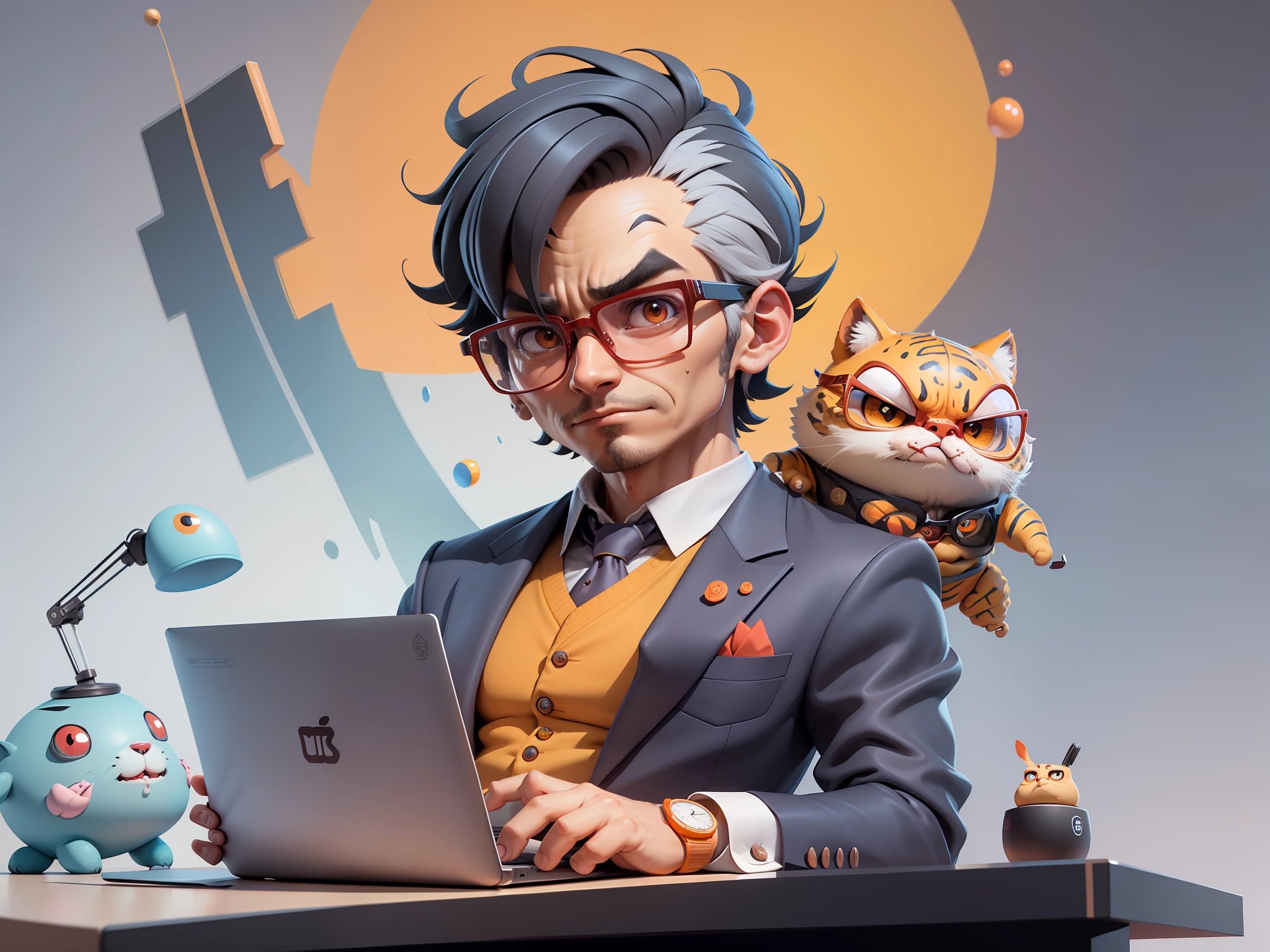 A young man in a suit, Short hair and glasses sat at his desk，holding laptop，digitial painting，tigre，3D character design by Mark Clairen and Pixar and Hayao Miyazaki and Akira Toriyama，4K HD illustration，Very detailed facial features and cartoon-style visuals。