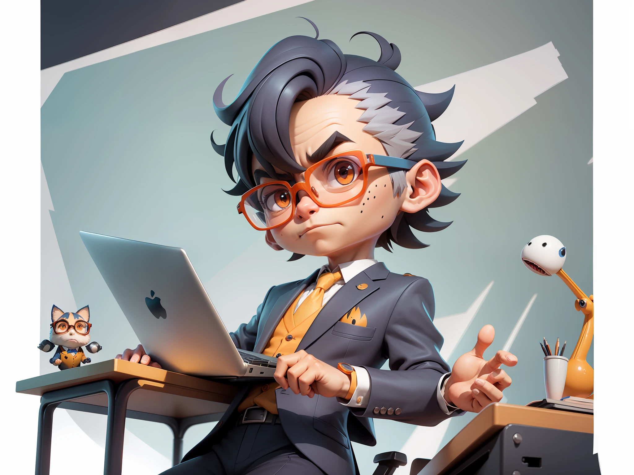 A young man in a suit, Short hair and glasses sat at his desk,holding laptop,digitial painting,tigre,3D character design by Mark Clairen and Pixar and Hayao Miyazaki and Akira Toriyama,4K HD illustration,Very detailed facial features and cartoon-style visuals。