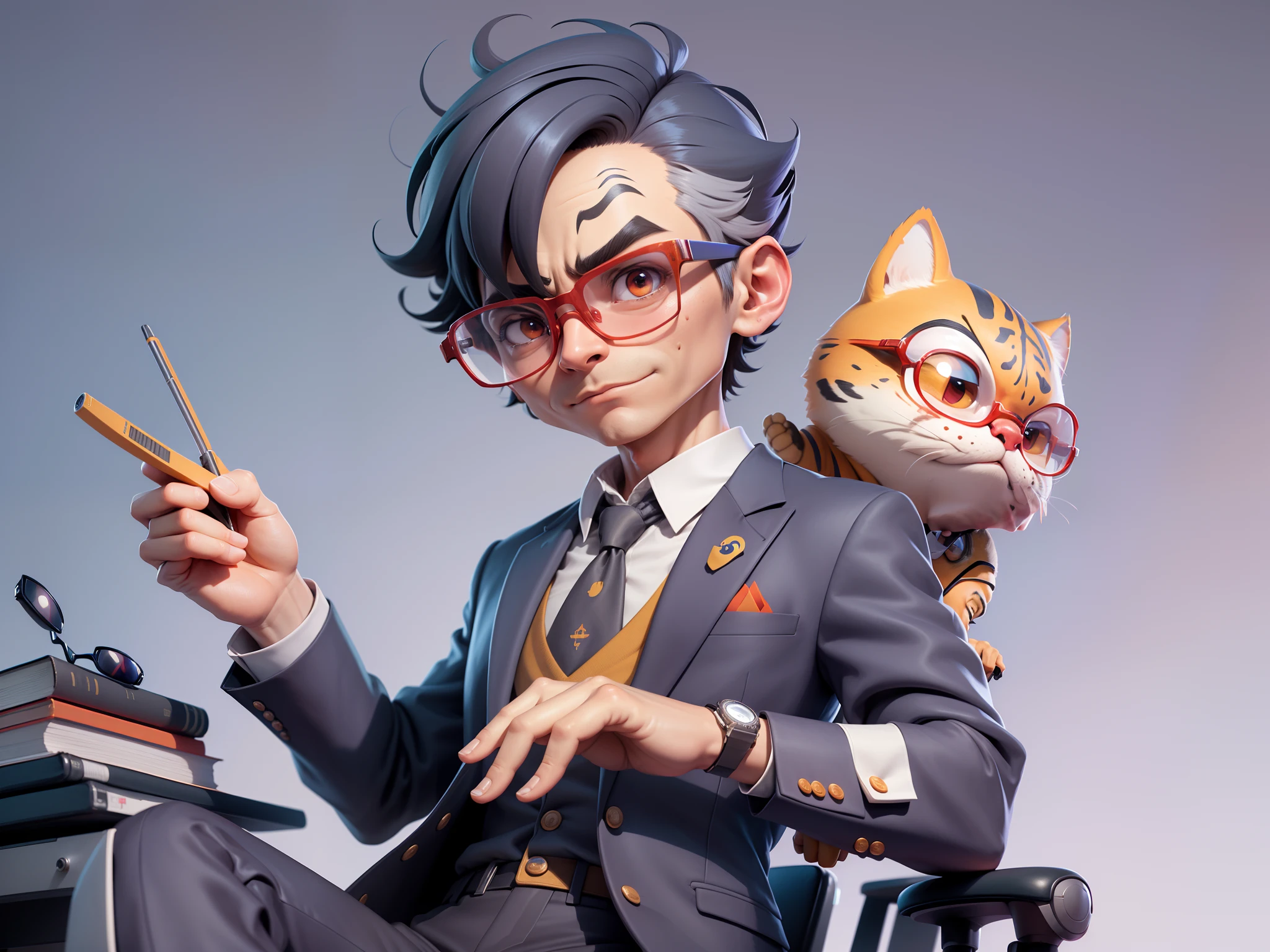 A young man in a suit, Short hair and glasses sat at his desk,holding laptop,digitial painting,tigre,3D character design by Mark Clairen and Pixar and Hayao Miyazaki and Akira Toriyama,4K HD illustration,Very detailed facial features and cartoon-style visuals。