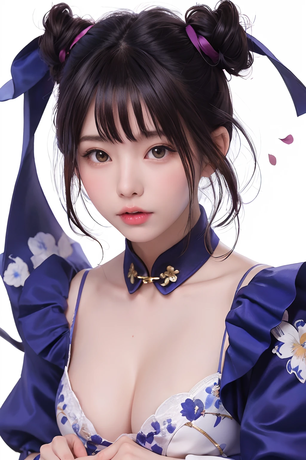 (top-quality)、(​masterpiece:1.1)、(Ultra detailed CG unified 8k wallpaper:1.1)、(White background:1.4)、((Tachie))、original、(illustratio:1.1)、(colourfull:0.9)、(panoramic shot:1.4)、(full bodyesbian:1.5)、(独奏:1.2)、beautiful countenance、A detailed face、(Ink splashing)、(Color splattering)、((watercolor paiting))、Crisp focus、{ 1 Girl Standing},((Chinese style)),flowers background,plein air,boulders, Look at the viewer、make happy expressions,Soft smile,pure,beautiful detailed face and eyes、beautyfull intricacy clothing decorative pattern details、Dark hair、black eyes、colorwater、Blur background、Three-dimensional feeling、the wind、Petals flutter、A lot of petals flutter、