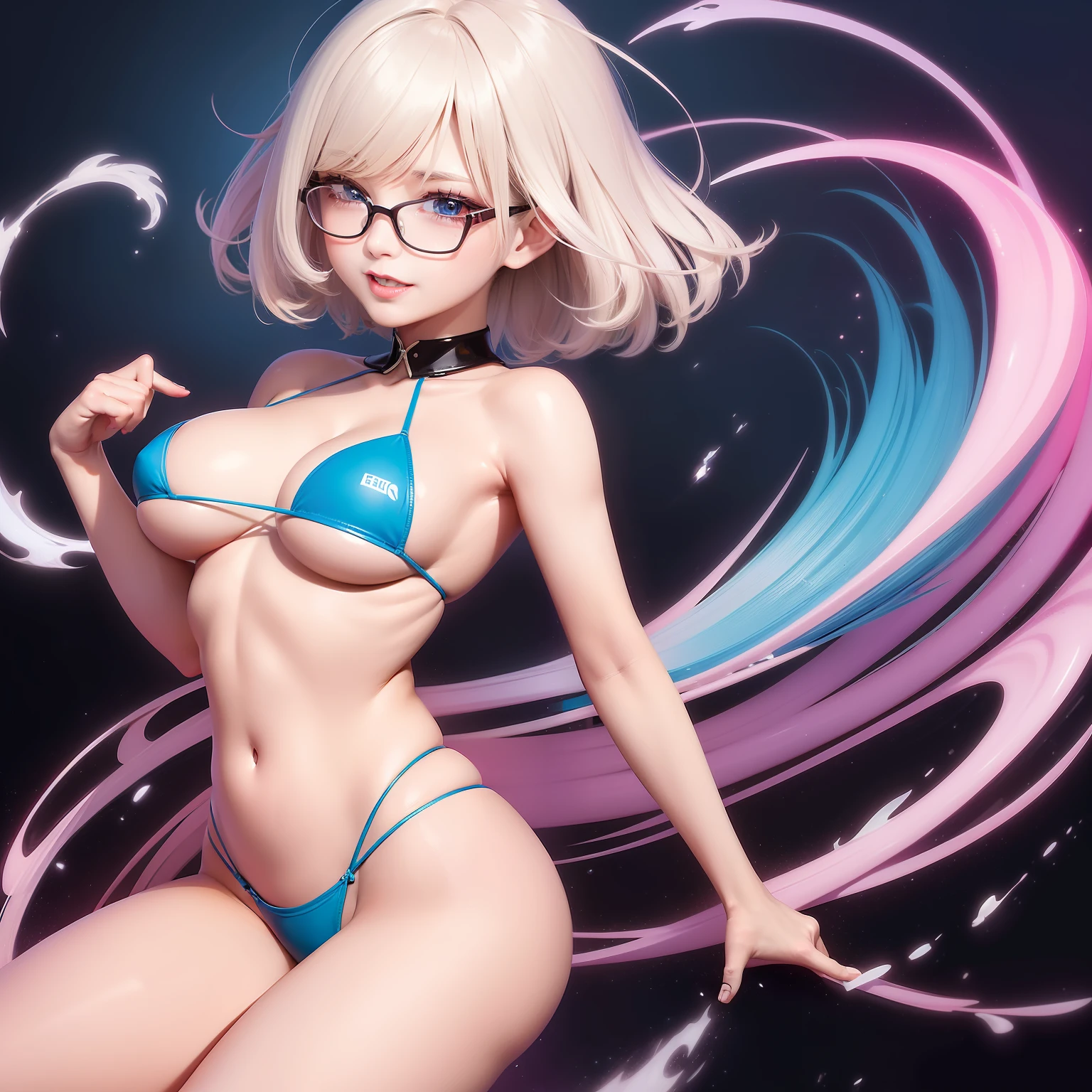 high image, super detail, high resolution, anime, manga, illustration, intelligent beauty, glasses, laugh like a prankster, happy, shy, adult face, make up, ecstatic expression, amorous expression, seductive look, flowing layered messy white glossy medium short hair, speed line, sparkling blue big eyes, alluring moist red lips, shocking pink race thong micro bikini, skimpy bottom, medium breasts, under boob, side boob, great proportion, perfect proportions, slender, full body, armpit