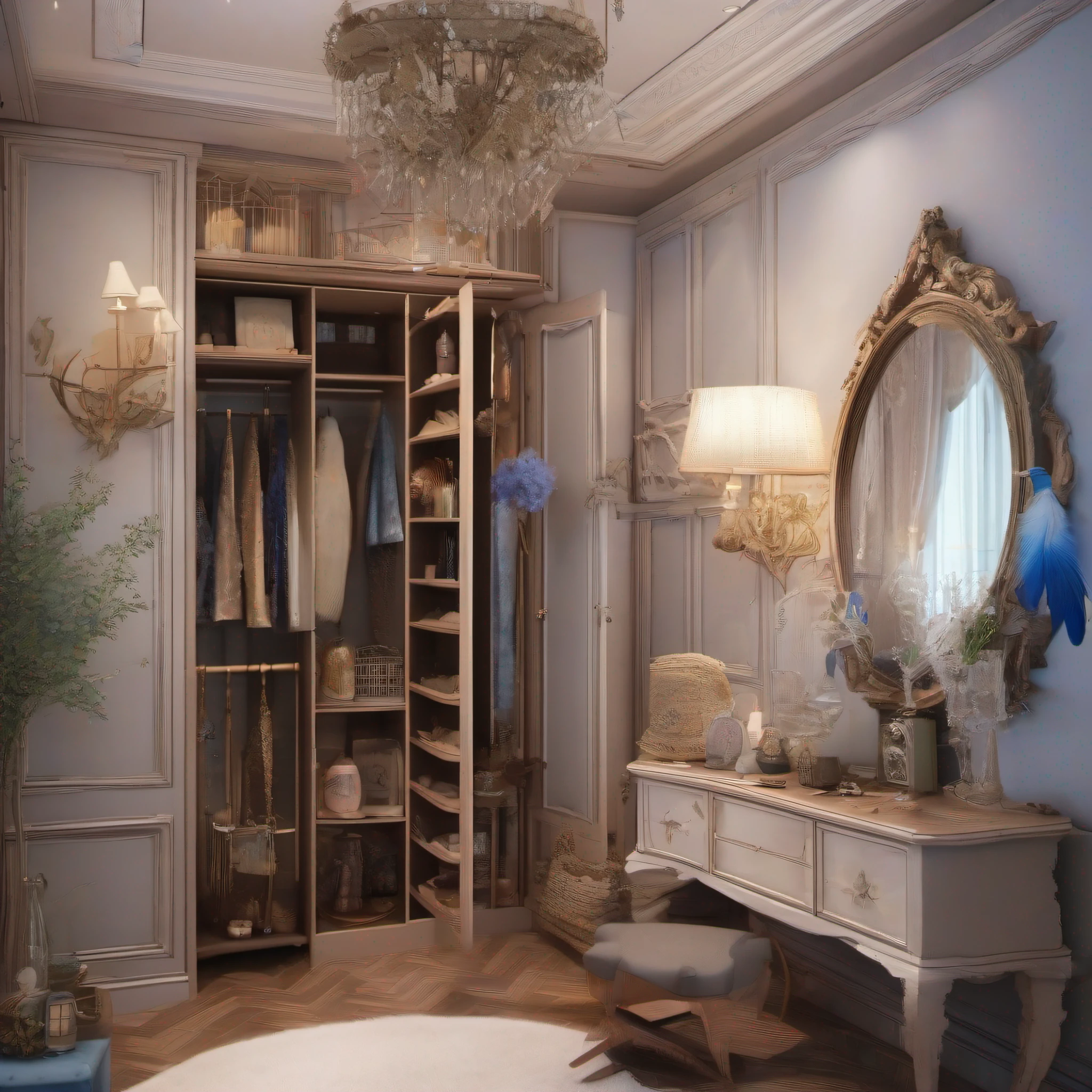 Small room under the stairs、Harry Potter's Small Room、Small hand mirror、Blue feathers、ribon、pressed flower、closet、closet、 The perfect blend of aesthetics.