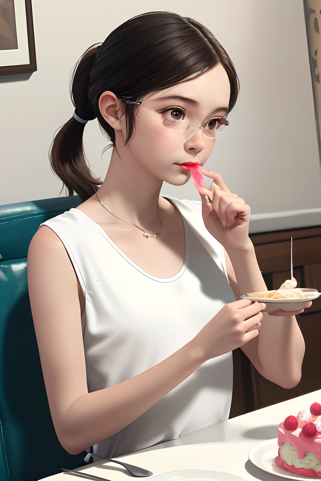 (Best quality at best,tmasterpiece),1girll,dine,eats,pony tails,White top,Fine-rimmed glasses,inside in room,Eat noodles