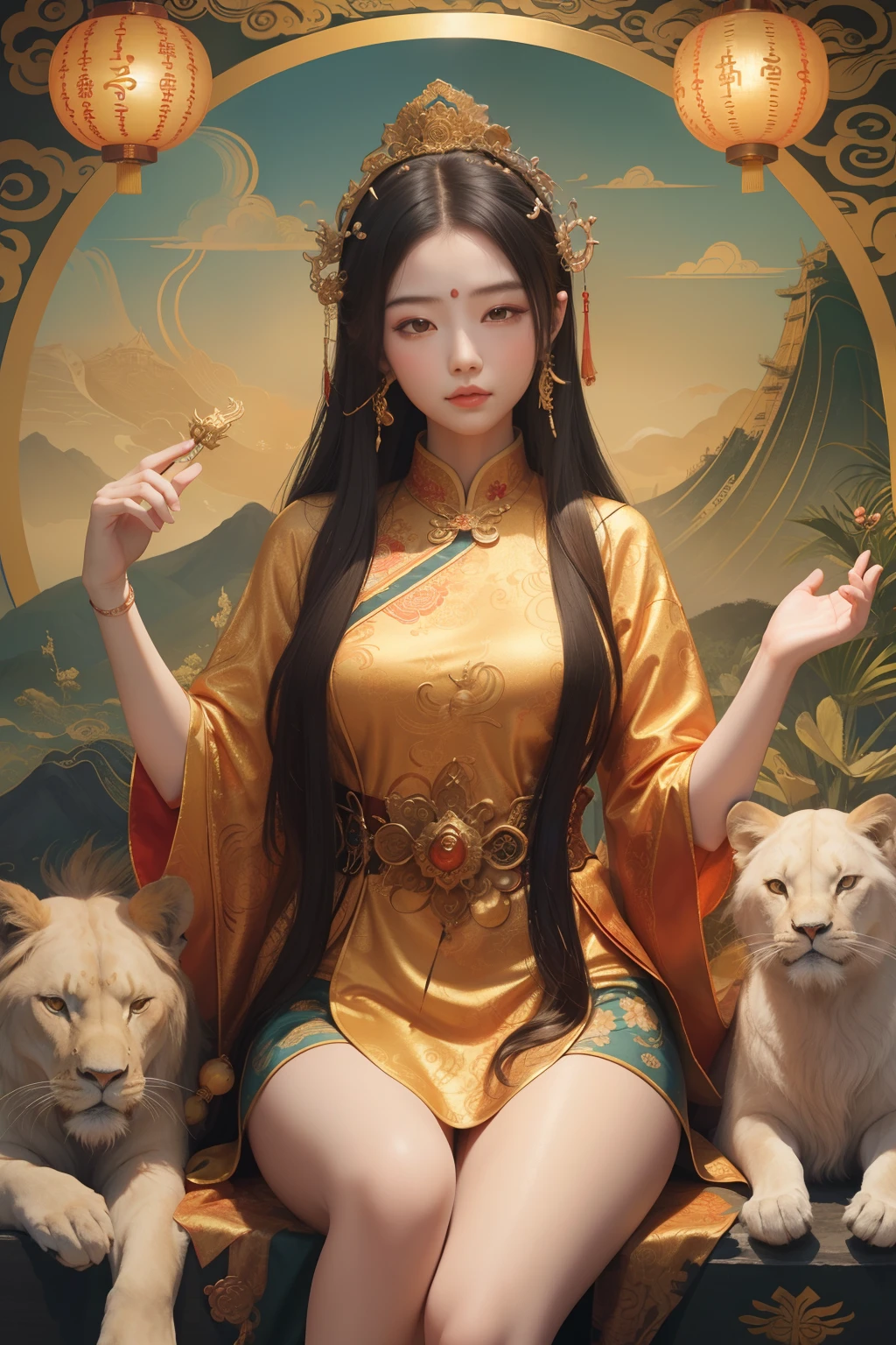 an ancient Chinese goddess, guanyin of the southern seas, Guanyin, Inspired by China, Avalokiteshvara rides a lion，,Serene expression,shui mo hua,Buddha,Buddhist,Lotus,Chinese painting style,Thangka style