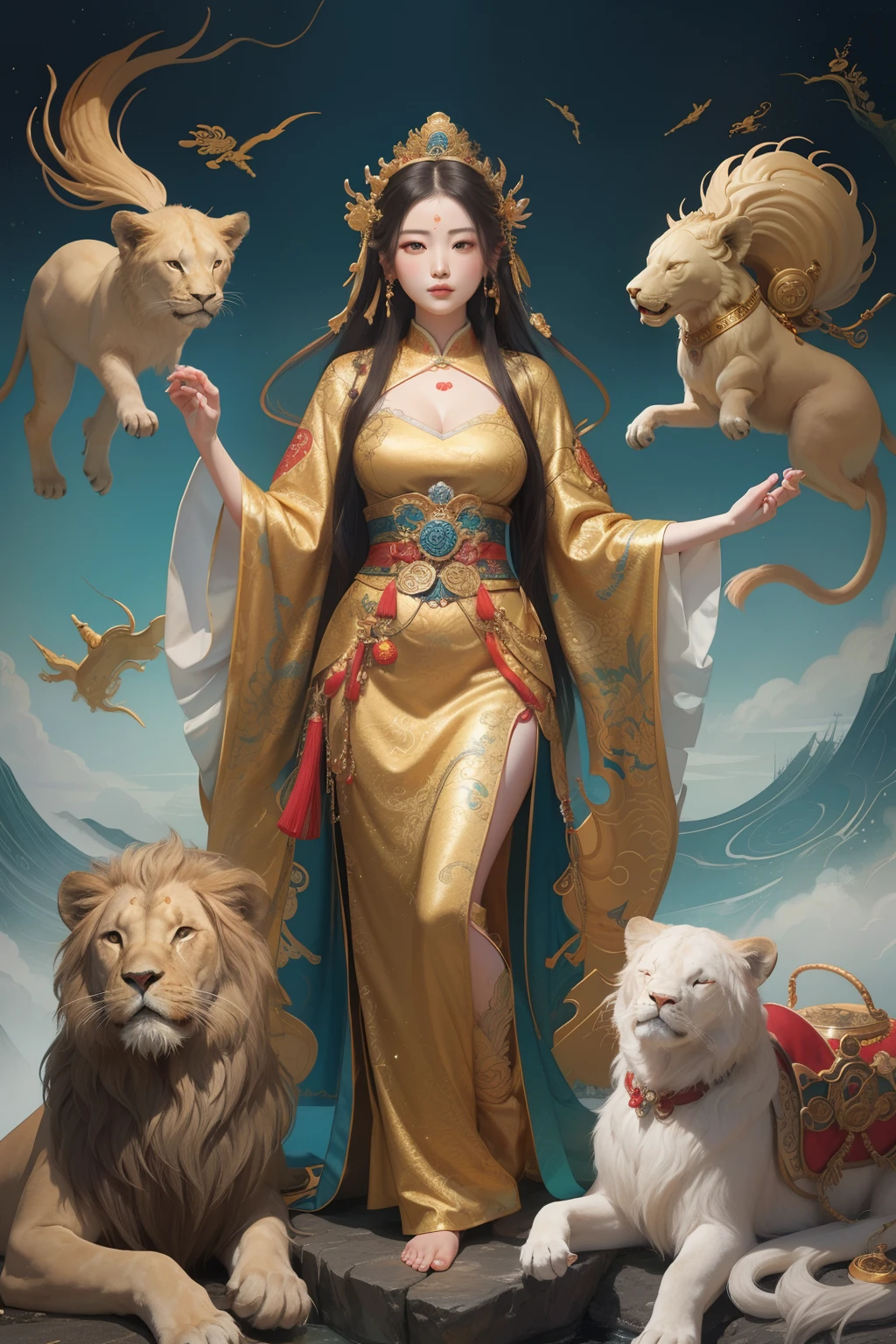 an ancient Chinese goddess, guanyin of the southern seas, Guanyin, Inspired by China, Avalokiteshvara rides a lion，,Serene expression,shui mo hua,Buddha,Buddhist,Lotus,Chinese painting style,Thangka style