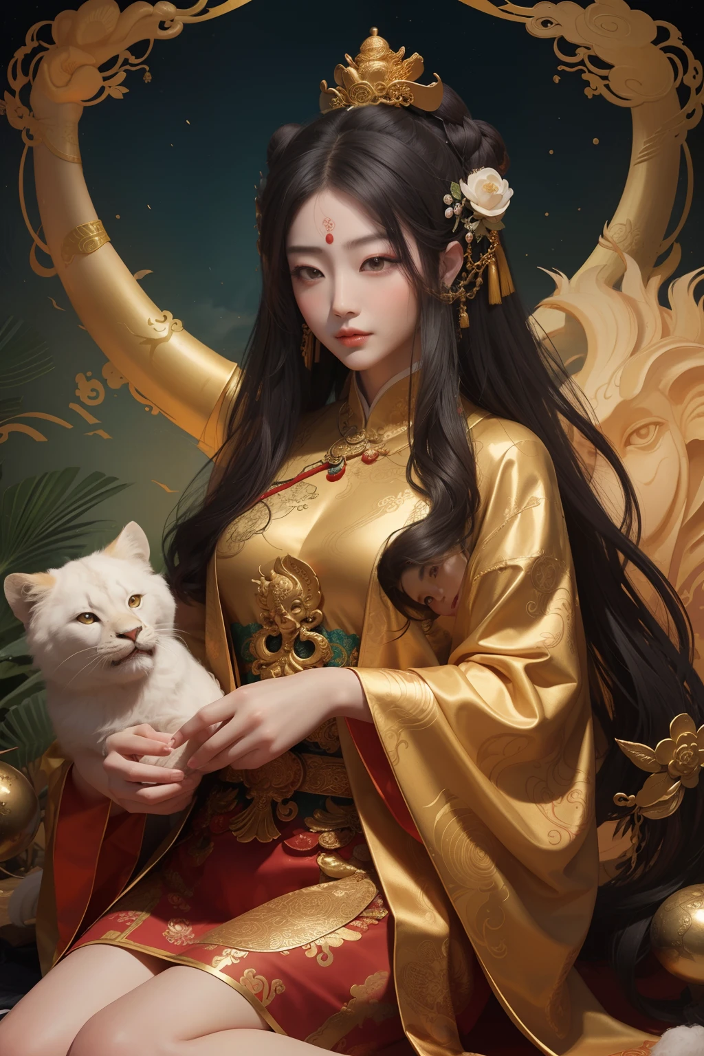 an ancient Chinese goddess, guanyin of the southern seas, Guanyin, Inspired by China, Avalokiteshvara rides a lion,,Serene expression,shui mo hua,Buddha,Buddhist,Lotus,Chinese painting style,Thangka style