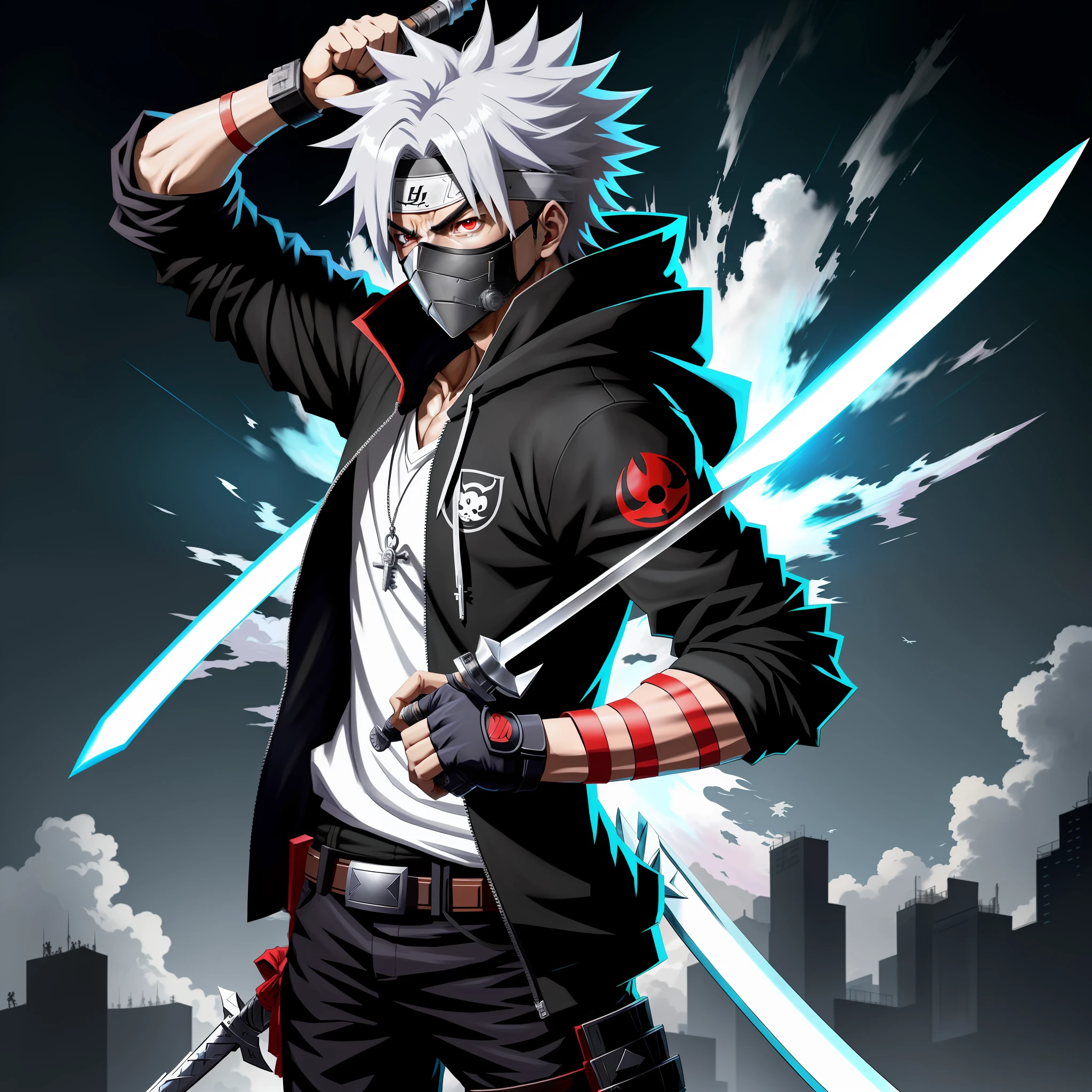 anime character with a sword and a mask on, badass anime 8 k, trigger anime artstyle, best anime 4k konachan wallpaper, anime style 4 k, kakashi hatake, epic anime style, wielding kunai, anime style character, hoodie on top, anime art wallpaper 8 k, key anime art, 4 k manga wallpaper, 4k anime wallpaper