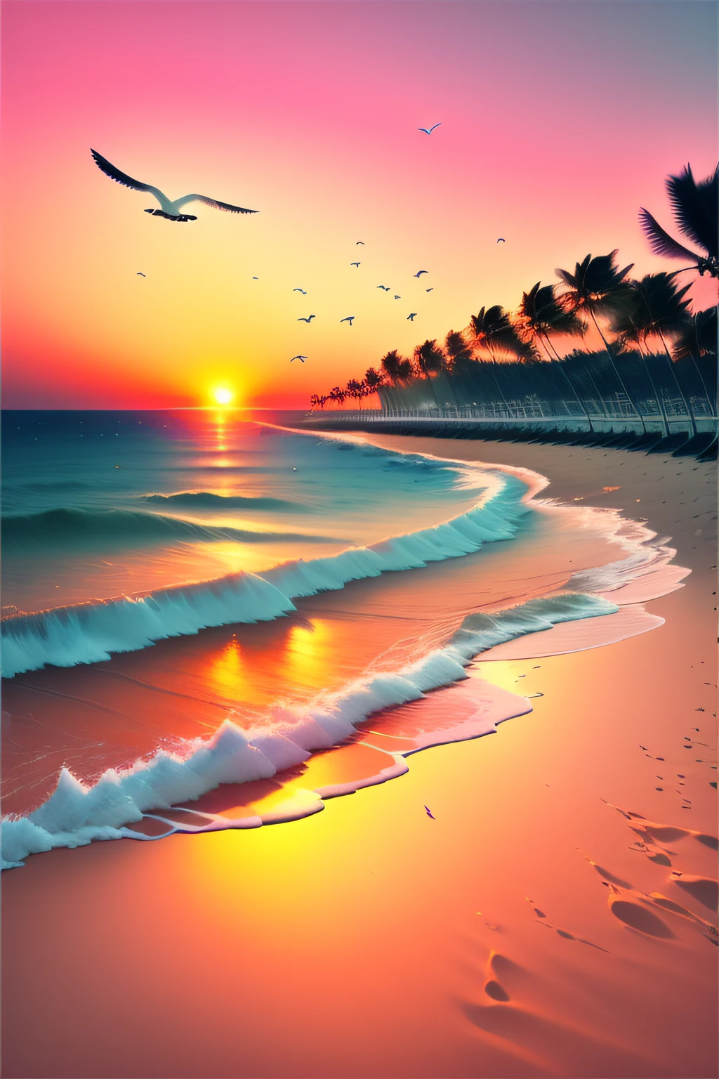 An absolutely mesmerizing sunset over the beach, with a blend of oranges, pinks, and yellows filling the sky. Crystal-clear waters of the sea gently kissing the shore, with sandy white beach stretching far and wide. The scene is dynamic and breathtaking, with seagulls soaring high in the sky and gently swaying palm trees. Take in the calming atmosphere and let the peacefulness wash over you.