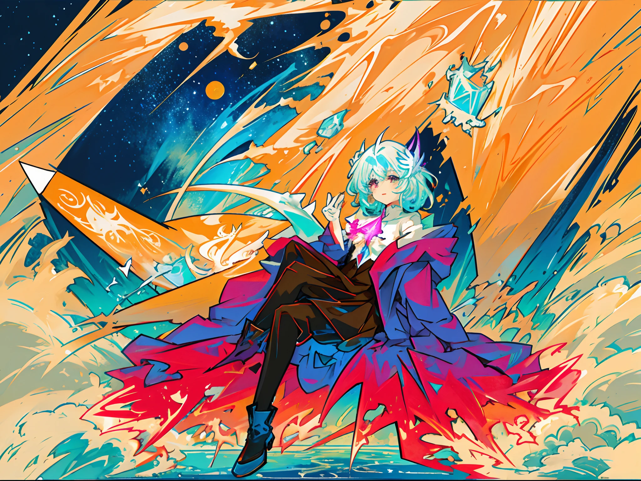 The interpretation of an incredible and spectacular picture:A figure slowly emerges from a glowing cloud,The surrounding fractal nebula lines are constantly rotating,Create a wonderful vision of the cosmic entity。The whole picture is vibrant and vivid,High color contrast,With the magic of co-metabolism,Create magic、Mysterious surreal atmosphere。The whole scene is oversaturated,It's dizzying,rich colourful。