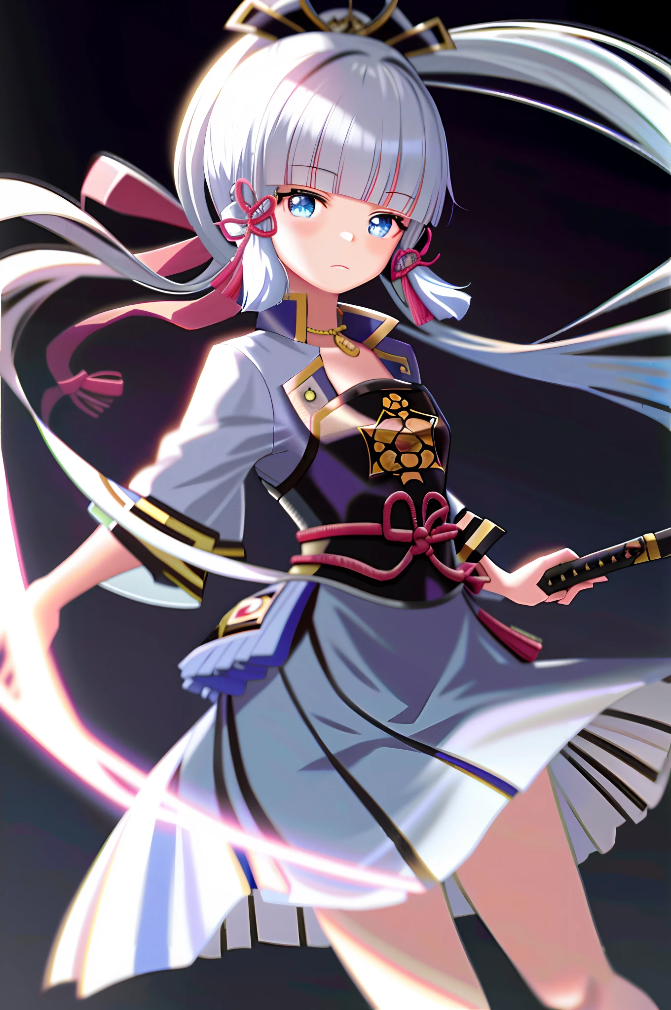 tmasterpiece,A high resolution,best qualtiy,1girl solo,Kamisato_Ayaka,Dignified,komono,swords drawn,special effect