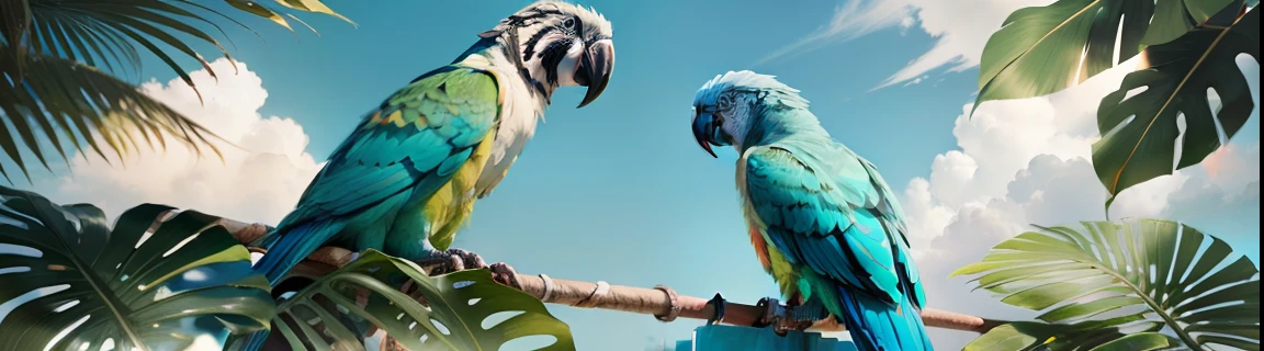 tropical jungle　mont　blue-sky　Two parrots