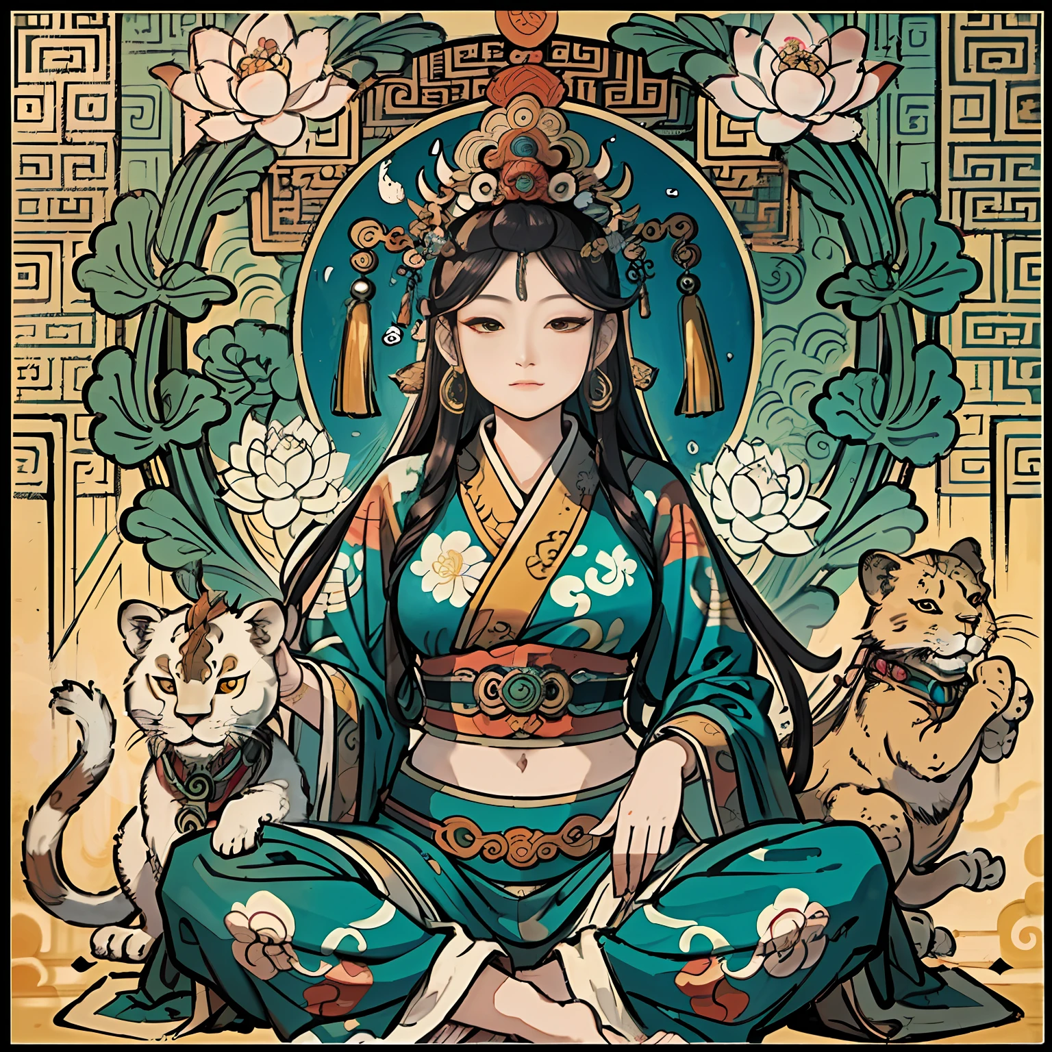 an ancient Chinese goddess, guanyin of the southern seas, Guanyin, Inspired by India, Avalokiteshvara rides a lion,,Serene expression,shui mo hua,Buddha,Buddhist,Lotus,Chinese painting style,Thangka style