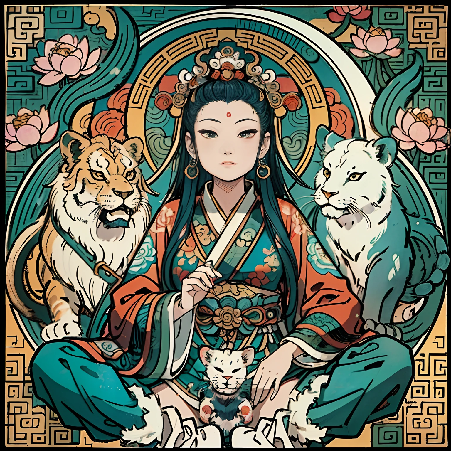 an ancient Chinese goddess, guanyin of the southern seas, Guanyin, Inspired by India, Avalokiteshvara rides a lion,,Serene expression,shui mo hua,Buddha,Buddhist,Lotus,Chinese painting style,Thangka style