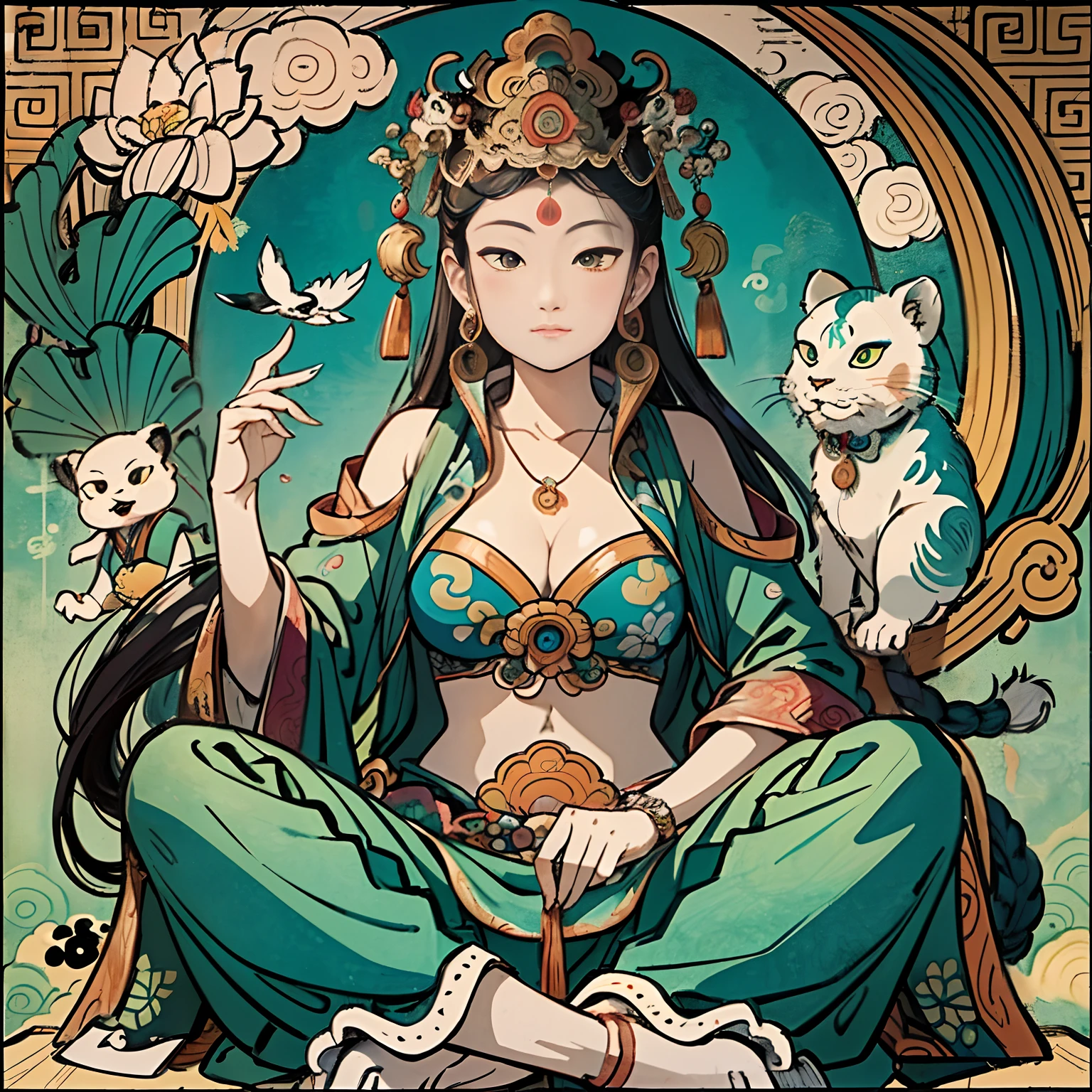 an ancient Chinese goddess, guanyin of the southern seas, Guanyin, Inspired by India, Avalokiteshvara rides a lion,,Serene expression,shui mo hua,Buddha,Buddhist,Lotus,Chinese painting style,Thangka style