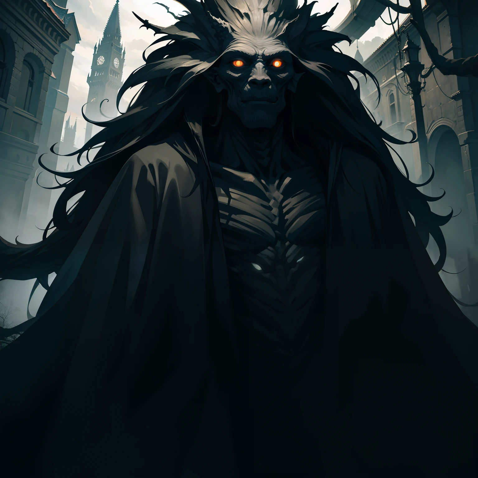monster, Tree Monster, Tall stature, Resemblance to a person, human face, human anatomy, Dark background tones, dull tones, Gray tones, Location: Medieval City, on two legs, Top Quality, tmasterpiece,