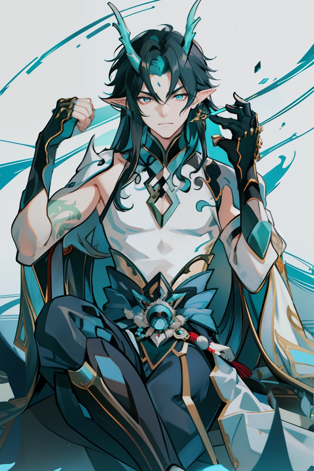 （absurderes，A high resolution，Hyper-detailing，hdr），Dragon's horn，younge boy，tmasterpiece，best qualtiy，1人，独奏，Handsome，Golden eyes，Fine eyes and detailed face，toppless，Tattooed with，arma，seated on a throne，pervert smirk，Abs，chest muscle，Raised sexy，Ruffian，Show your temperament，Male，masculine appeal，Male characteristics are distinct，Long messy hair，Arrogant self-confidence，Sitting majestically on the throne，Legs crossed，white pantie，White cape，White cloak，With a spear，supreme