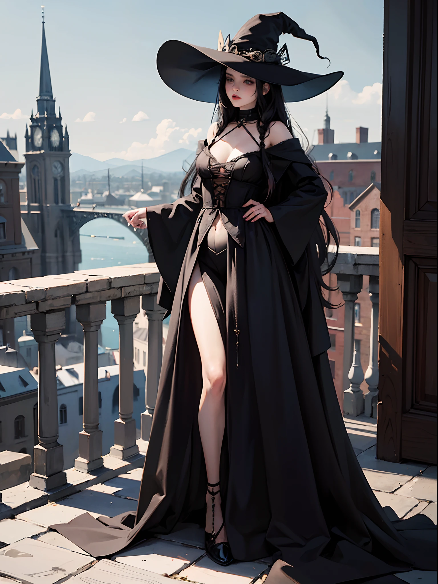 (masterpiece), (best quality), extremely delicate and beautiful, illustration, best_quality ,head, black_magic, 1girl, long hair, black hair, (full body:1.2), witchy_fashion, witch_hat, gothic_witch, gothic_darkness, (gothic_makeup:1.1), scenary, cowboy shot, depth of field, HDR, intricate, delicate