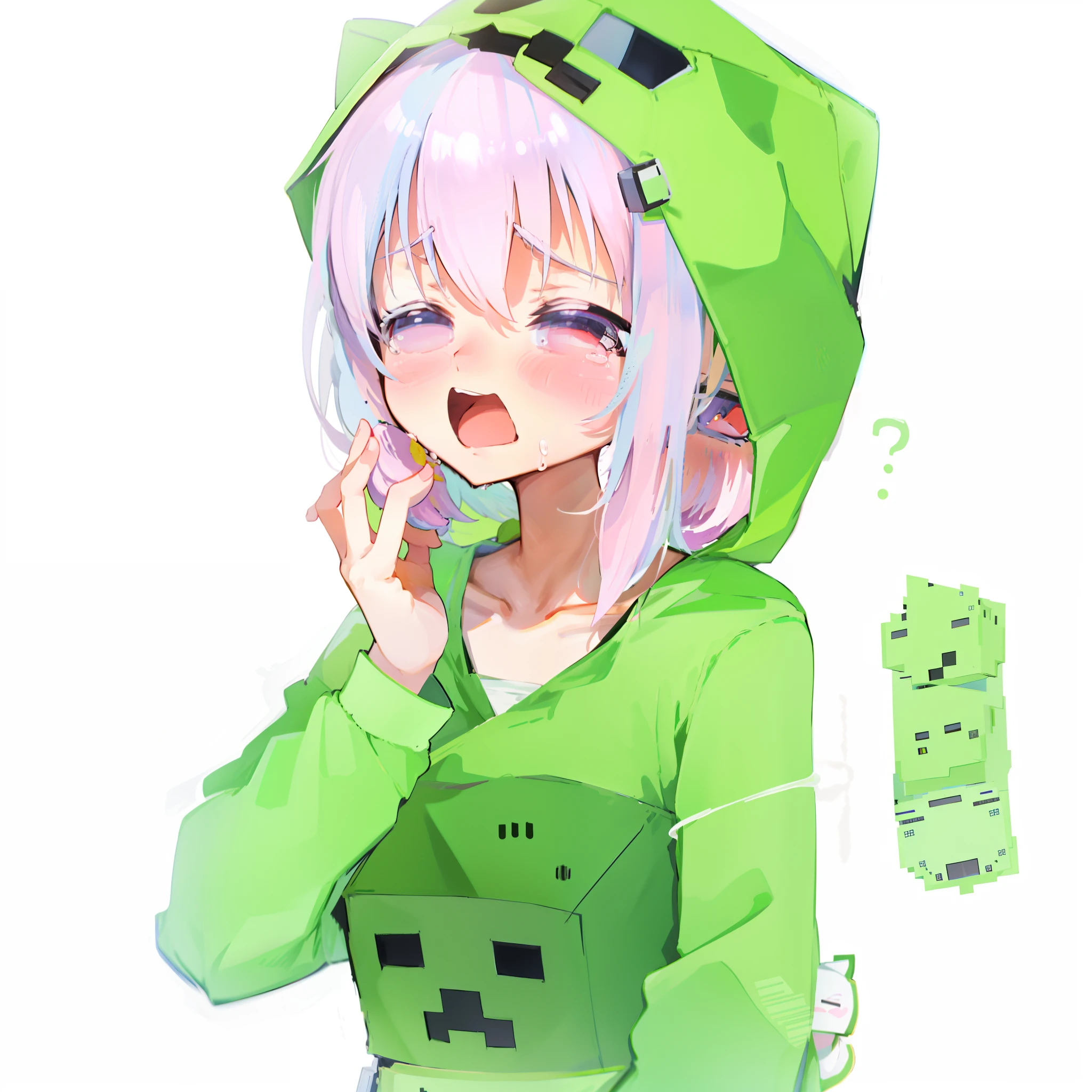 Anime girl eating green apples in green hoodie, Creeper, Minecraft creeper, green colored skin!!, cute anime face, mikudayo, sad kawaii face, An anime girl, material is!!! water melon!!!, extremely cute anime girl face, awww, giga chad crying, sakura haruno, (Anime girl), minecraft style, Anime girl, umamusume