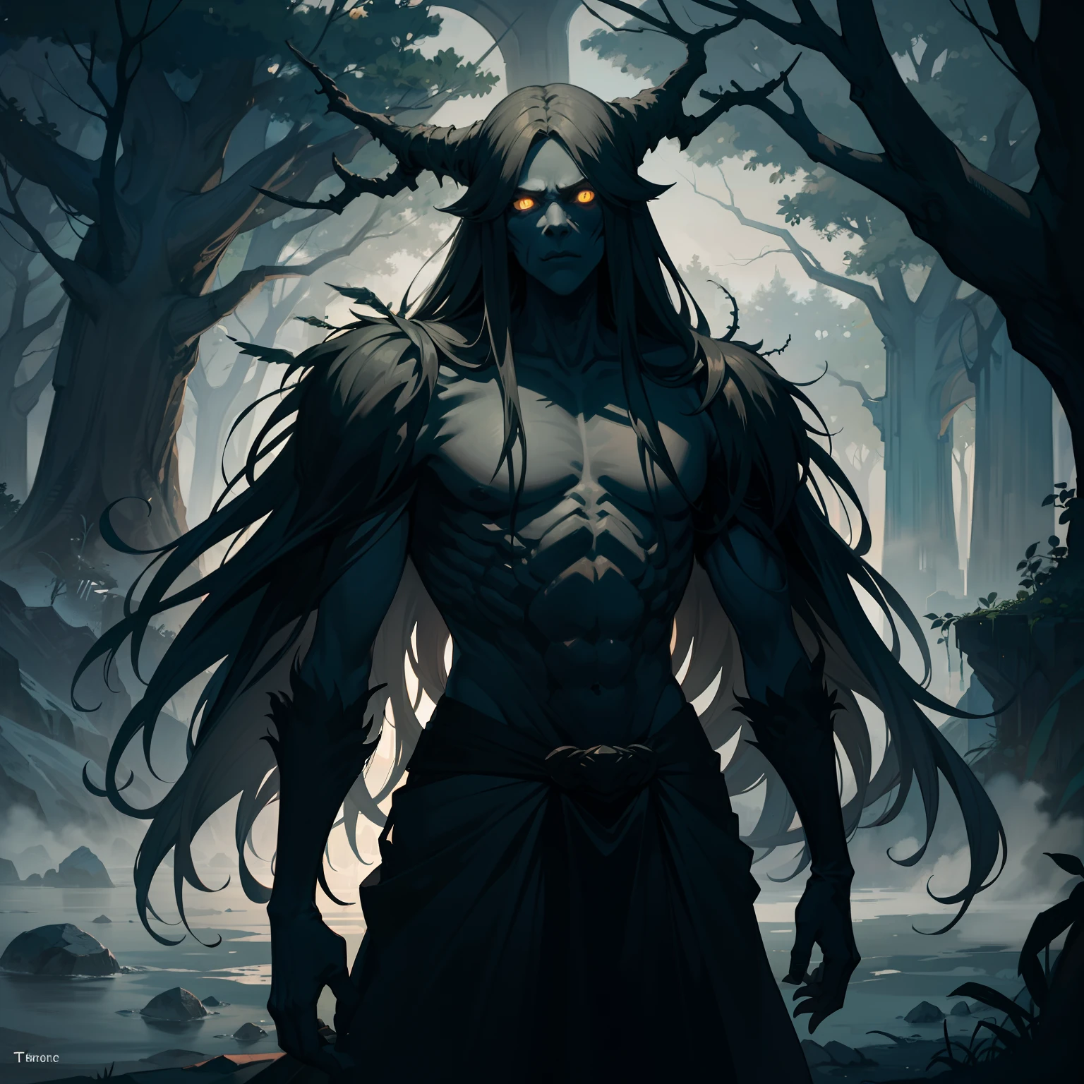 monster, Tree Monster,  Tall stature, Resemblance to a person, human face, human anatomy, Dark background tones, dull tones, Gray tones, Location: Medieval City, on two legs, Top Quality, tmasterpiece,
