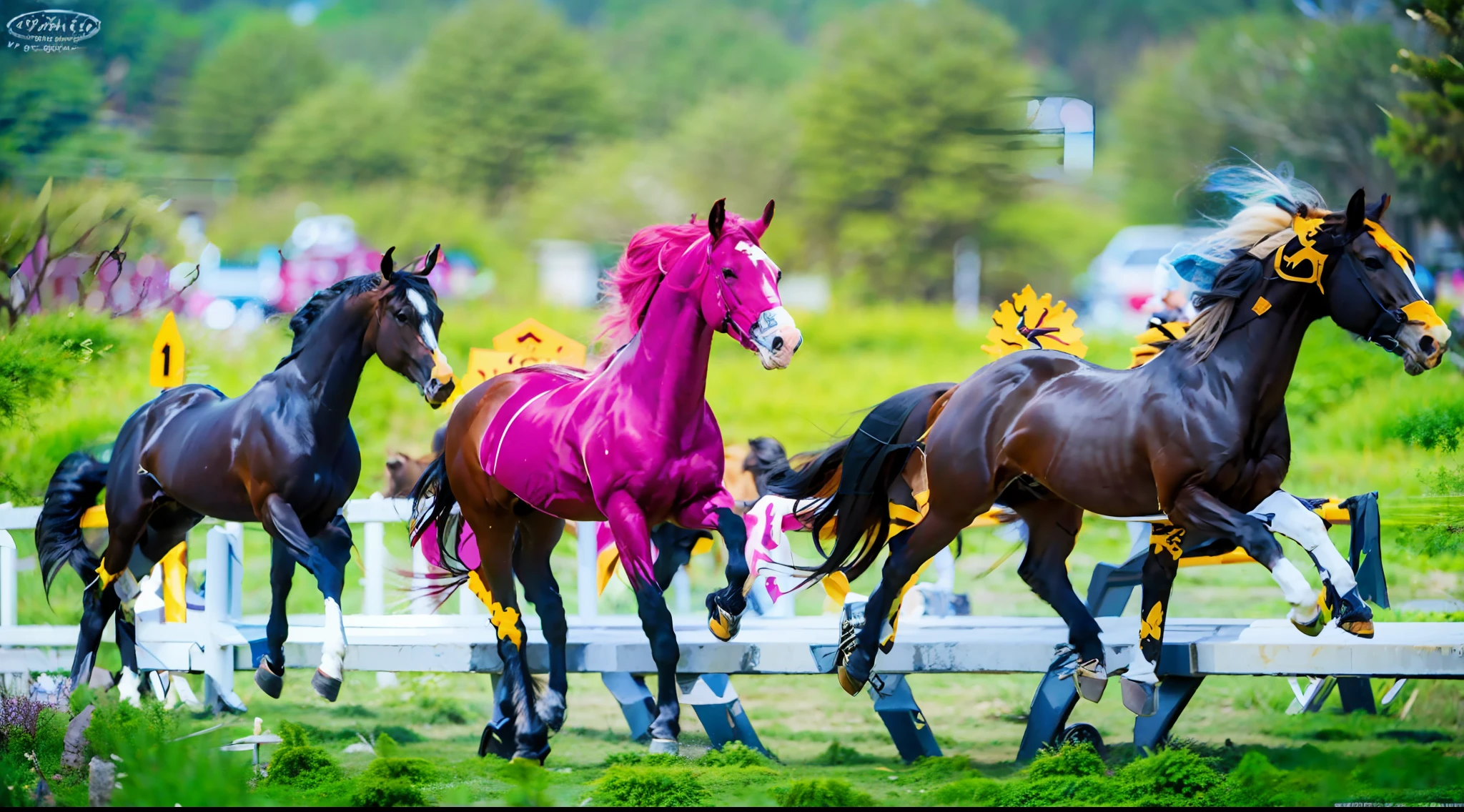 8 horses，Ultra-grand scenes，super wide shot，1#cavalos，2#cavalos，3#cavalos，4#cavalos，5#cavalos，6#cavalos，7#cavalos，8#cavalos。Eight extremely special and rare horses surround each other，A large herd of horses galloped ahead，Gallop across the steppe like a clock。The vast plains of the epic scene are rich in aquatic plants，In the distance is the snow-capped summit of Mount Everest，Snow creek flows into the sea，At the other end is the magnificent giant city，The horse team entered and exited from the city gate。The Lightcast Pegasus from the Supreme Heaven has a rainbow aperture from the Supreme Heaven，She rides between light and pure，No additional ornaments are needed to highlight her dignity and holiness，Even the sky showed her a clear sky，She has a deep enmity with the nightmare heavy ride from hell，The two never put their heads next to each other，Surrounded by sulphurous flames, the Hellmare Heavy Ride makes every time a horse's hooves fall, stepping flat grass out of the lava from the ground，The sky in the steppe is brighter，It makes the earth deeper。The wind wings of the wind elf horse let its position be erratic，She carries a cyan aperture lightly and always can't help but tease the mechanical horse，The mechanical horse is full of mecha beauty，The shoulder back position always reveals delicate mechanical fittings，Four kicks with a hydraulic pump and electromagnetic ejection device。Unicorns want to steal all horses from their pure and flawless beauty，But on the side, the fairy dragon horse is comparing with it，Their unique elven-patterned armor and colorful saddles make them the most stylish horses。The female knight is charging on her knightly warhorse，Her lofty ideals made her will unstoppable，There is no doubt that she is the protagonist of this picture。And a chaotic horse from uncharted territory，It blends in and has a weird style and chaotic colors that are almost unimaginable，This gives the whole picture an extremely dangerous uncertainty，The slightest mistake c