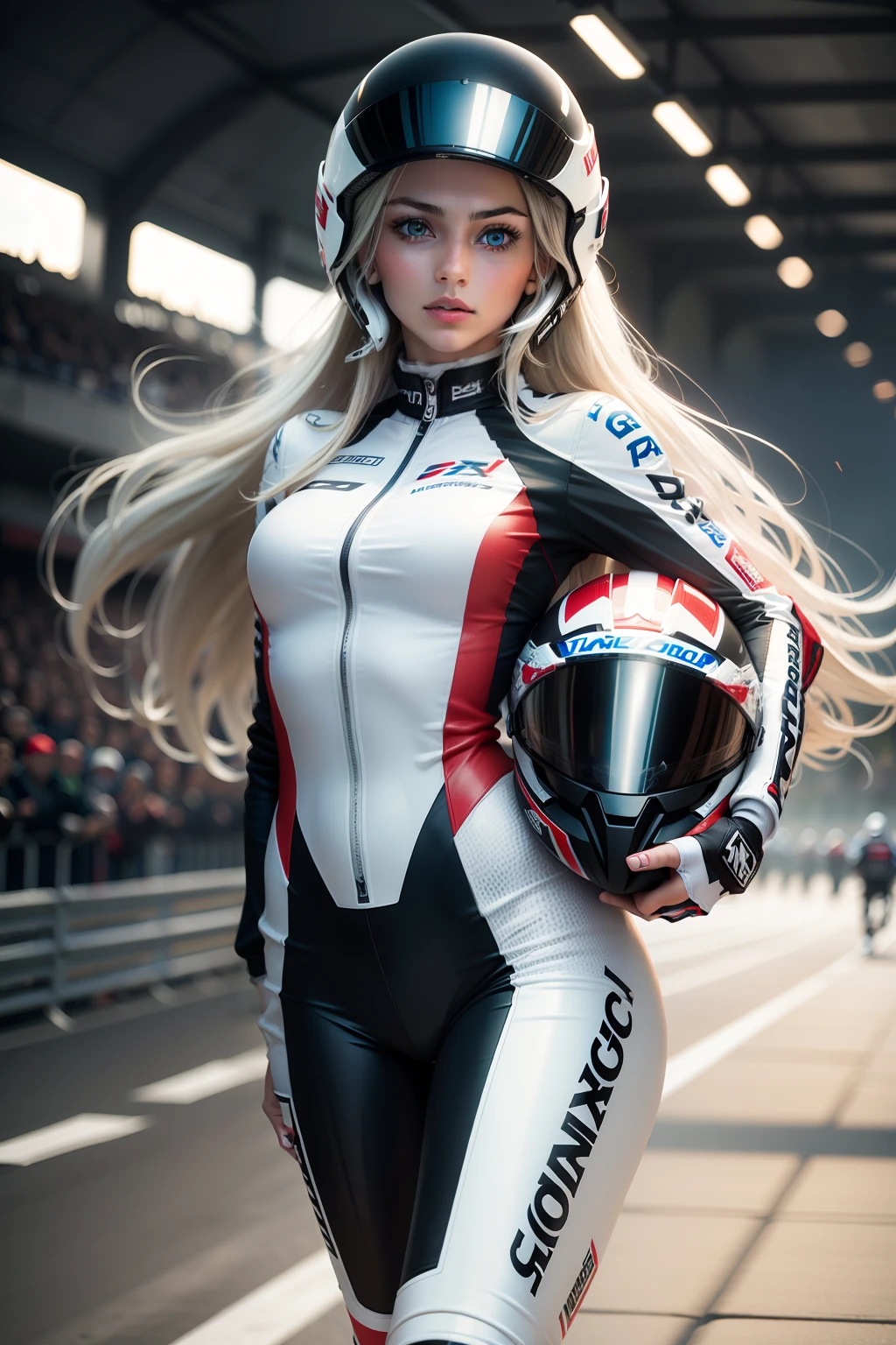 tmasterpiece,Best graphics,Racing beauty,long whitr hair,Wear a racing suit,Hand-held racing helmet,movie picture quality