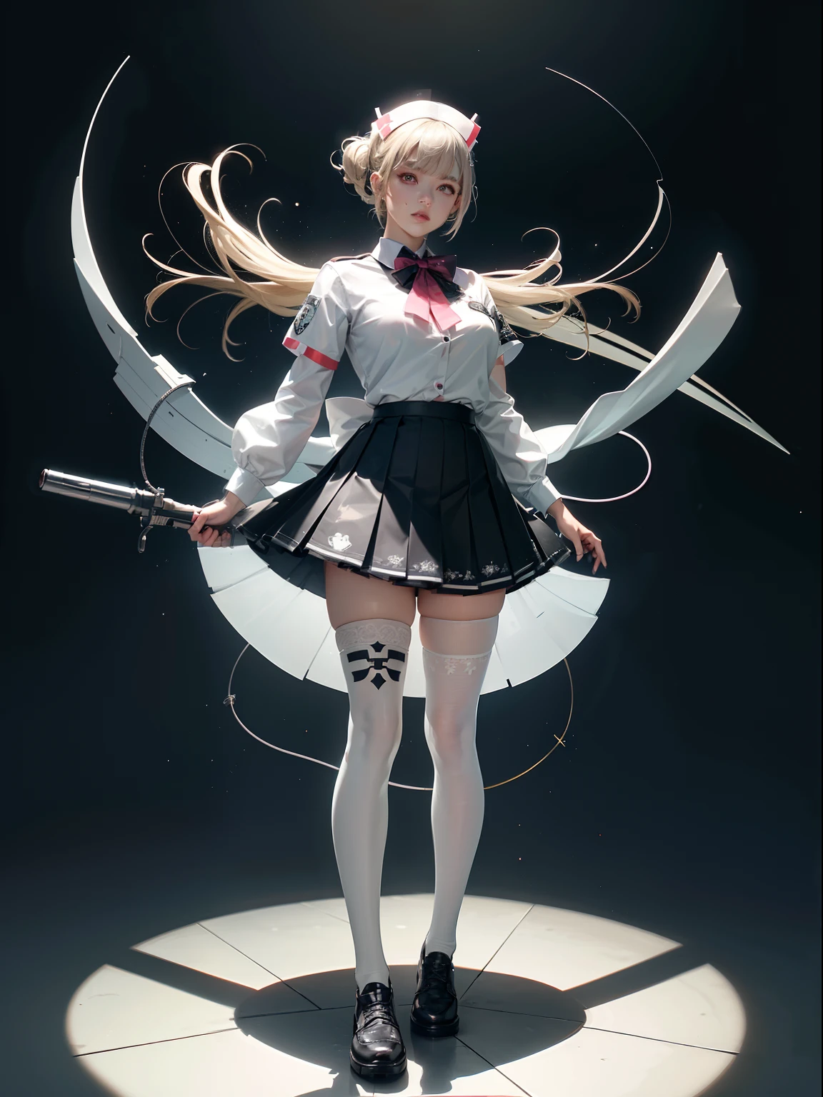 (full body:1.5)，(1girl:1.3),(looking at viewer:1.4)，(anatomy correct:1.3),(Wearing Apocalypse Knight Style Nurse Set JK uniform printed Ultra short pleated skirt and JK uniform leather shoes with bow decoration ，and Very thick Printed Lolita Pantyhose :1.35), (Light particle effect:1.3),(In pink | amarelo | blue colors| green color |red colors | white colors| black in color| purpleish color| greys| Beige| Flesh color 1.4)，(Glowing eyes:1.3),(Large amplitude action: 1.3)，(Accurate and perfect face:1.4),(Clothing Gloss:1.25),(Skin reflection:1.25),hyper HD, Ray traching, reflective light，structurally correct, Award-Awarded, high detal, lightand shade contrast, Face lighting，cinmatic lighting, tmasterpiece, super detailing, high high quality, high detal, best qualityer, 16k，high contrast,