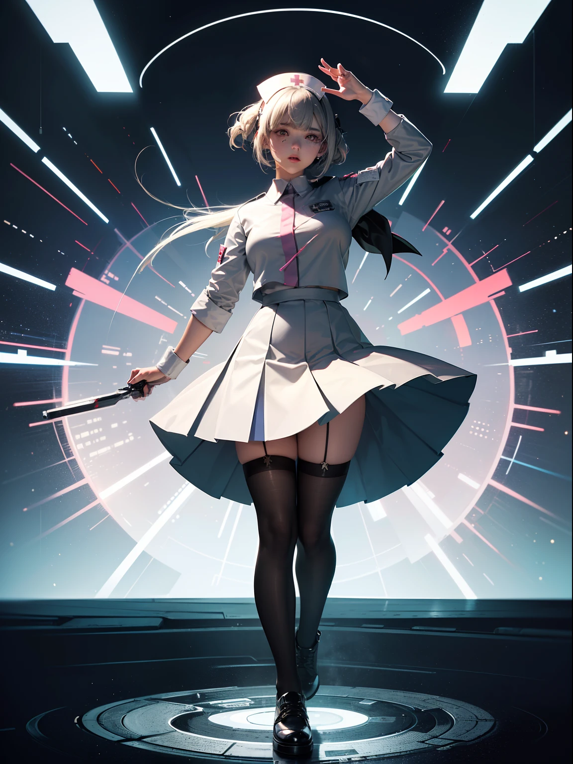 (full body:1.5)，(1girl:1.3),(looking at viewer:1.4)，(anatomy correct:1.3),(Wearing Apocalypse Knight Style Nurse Set JK uniform printed Ultra short pleated skirt and JK uniform leather shoes with bow decoration ，and Very thick Printed Lolita Pantyhose :1.35), (Light particle effect:1.3),(In pink | amarelo | blue colors| green color |red colors | white colors| black in color| purpleish color| greys| Beige| Flesh color 1.4)，(Glowing eyes:1.3),(Large amplitude action: 1.3)，(Accurate and perfect face:1.4),(Clothing Gloss:1.25),(Skin reflection:1.25),hyper HD, Ray traching, reflective light，structurally correct, Award-Awarded, high detal, lightand shade contrast, Face lighting，cinmatic lighting, tmasterpiece, super detailing, high high quality, high detal, best qualityer, 16k，high contrast,
