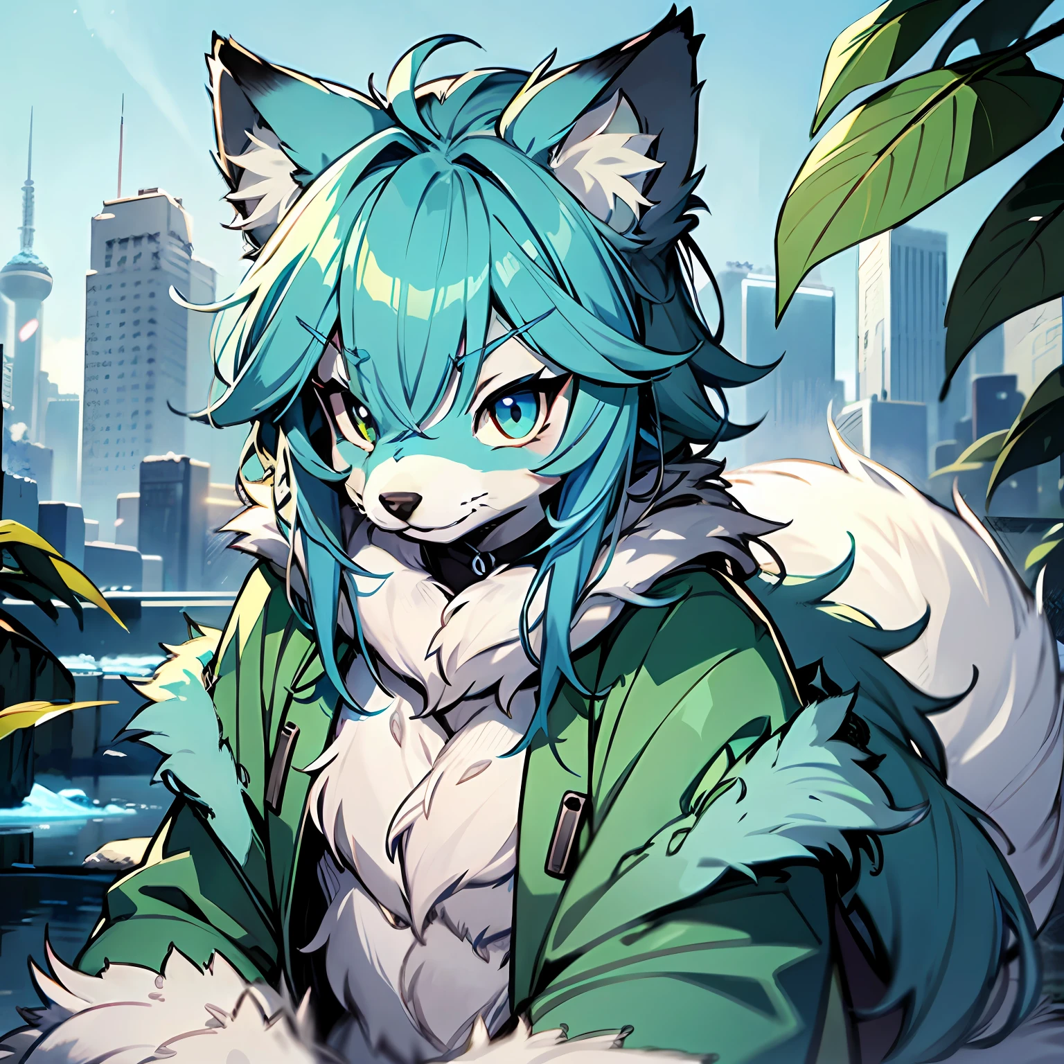 独奏、a furry、Male Arctic Fox、a Dog、Blue fur、Blue skin、Blue ears、green colored eyes、fluffy tail、kawaii、ssmile