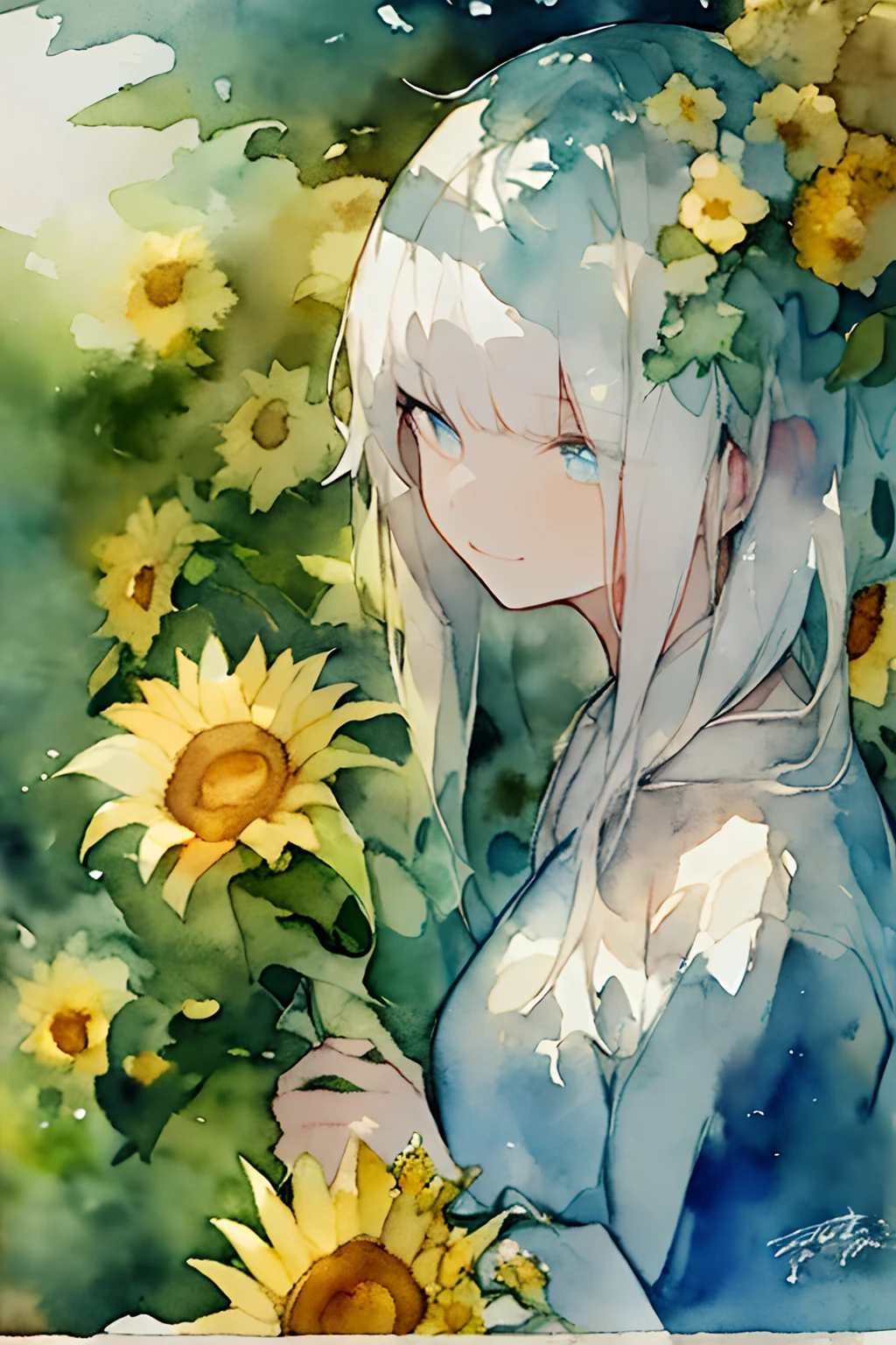 (watercolor paiting:1.2),1girl in, 独奏, florals, Sun flower、portraitures, fronds, bangss, signed, yellow flower, White hair, length hair, Blue eyes, hair between eye, smil