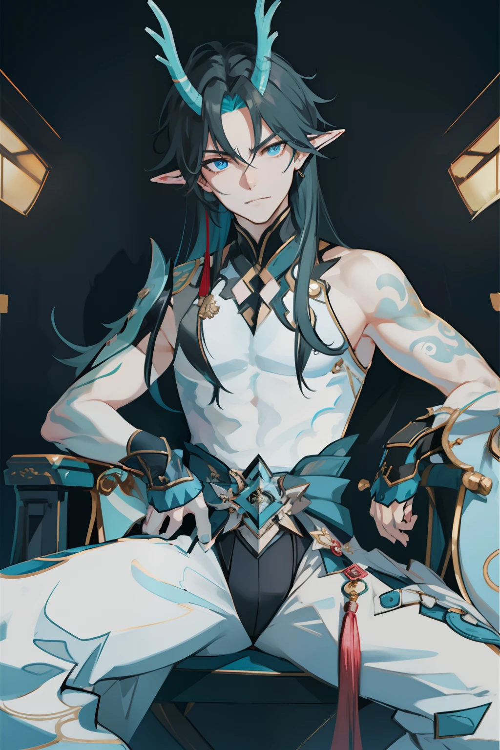 (absurderes,A high resolution,Hyper-detailing,hdr),Dragon's horn,younge boy,tmasterpiece,best qualtiy,1人,独奏,Handsome,Golden eyes,Fine eyes and detailed face,toppless,Tattooed with,arma,seated on a throne,pervert smirk,Abs,chest muscle,Raised sexy,Ruffian,Show your temperament,Male,masculine appeal,Male characteristics are distinct,Long messy hair,Arrogant self-confidence,Sitting majestically on the throne,Legs crossed,white pantie,Supreme