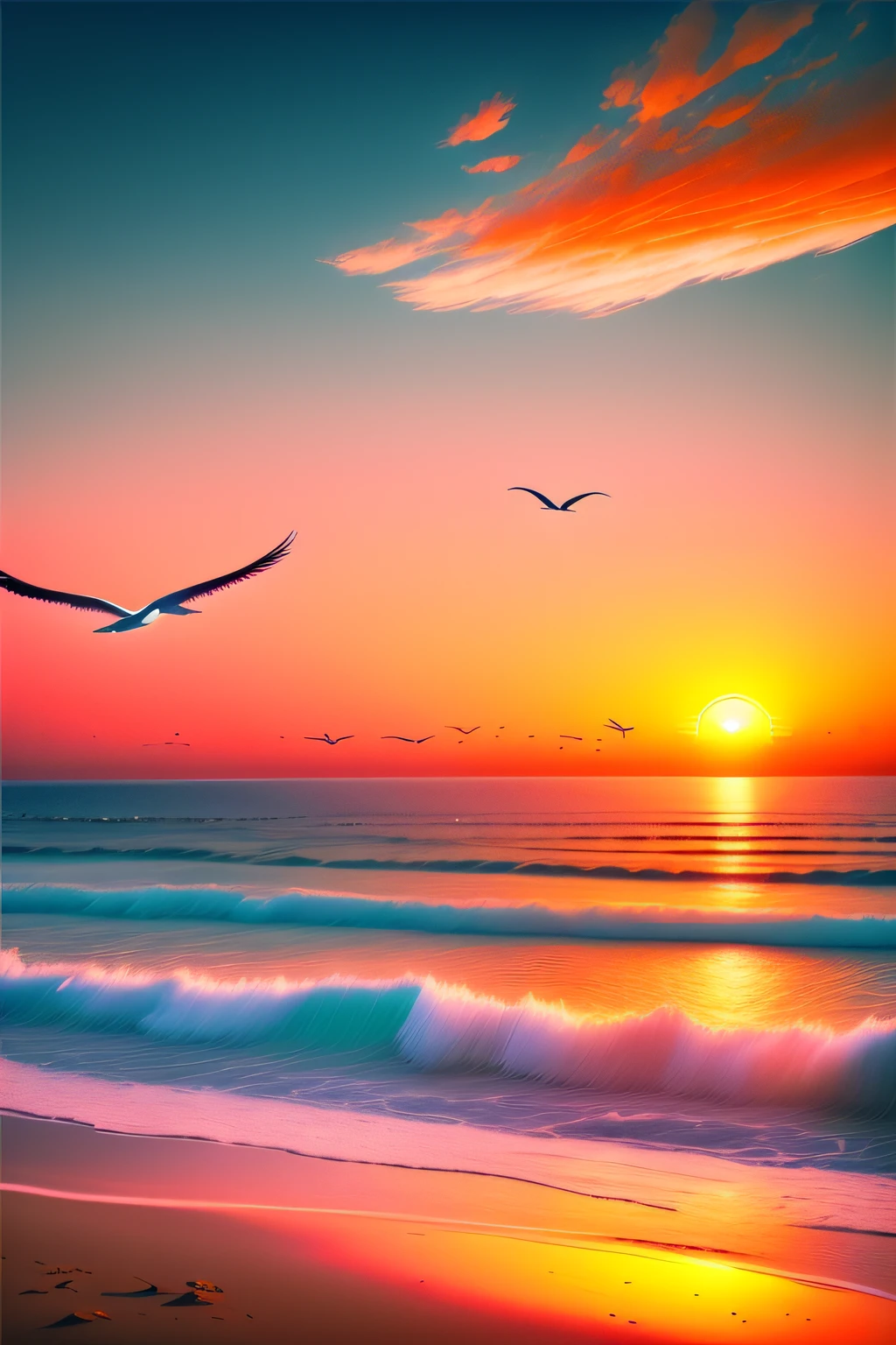 An absolutely mesmerizing sunset over the beach, with a blend of oranges, pinks, and yellows filling the sky. Crystal-clear waters of the sea gently kissing the shore, with sandy white beach stretching far and wide. The scene is dynamic and breathtaking, with seagulls soaring high in the sky and gently swaying palm trees. Take in the calming atmosphere and let the peacefulness wash over you.